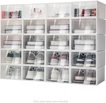 Shoe Organizer Storage Box, Stackable and Foldable Clear Storage Organizer Boxes Shoe Containers with Magnetic Door for Boots 20 Grids, Waterproof Plastic for Household 8.8 x12.9 x 5.5
