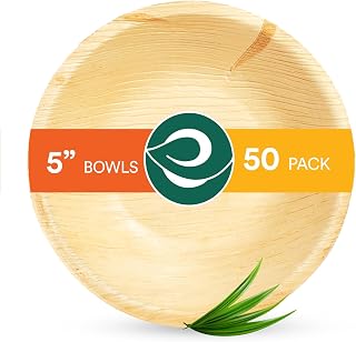 ECOSOUL 100% Compostable Palm Leaf Bowls, 5 Inch 8oz Round, Pack of 50 - Biodegradable, Microwave Safe, Eco-Friendly Disposable Alternative to Bamboo