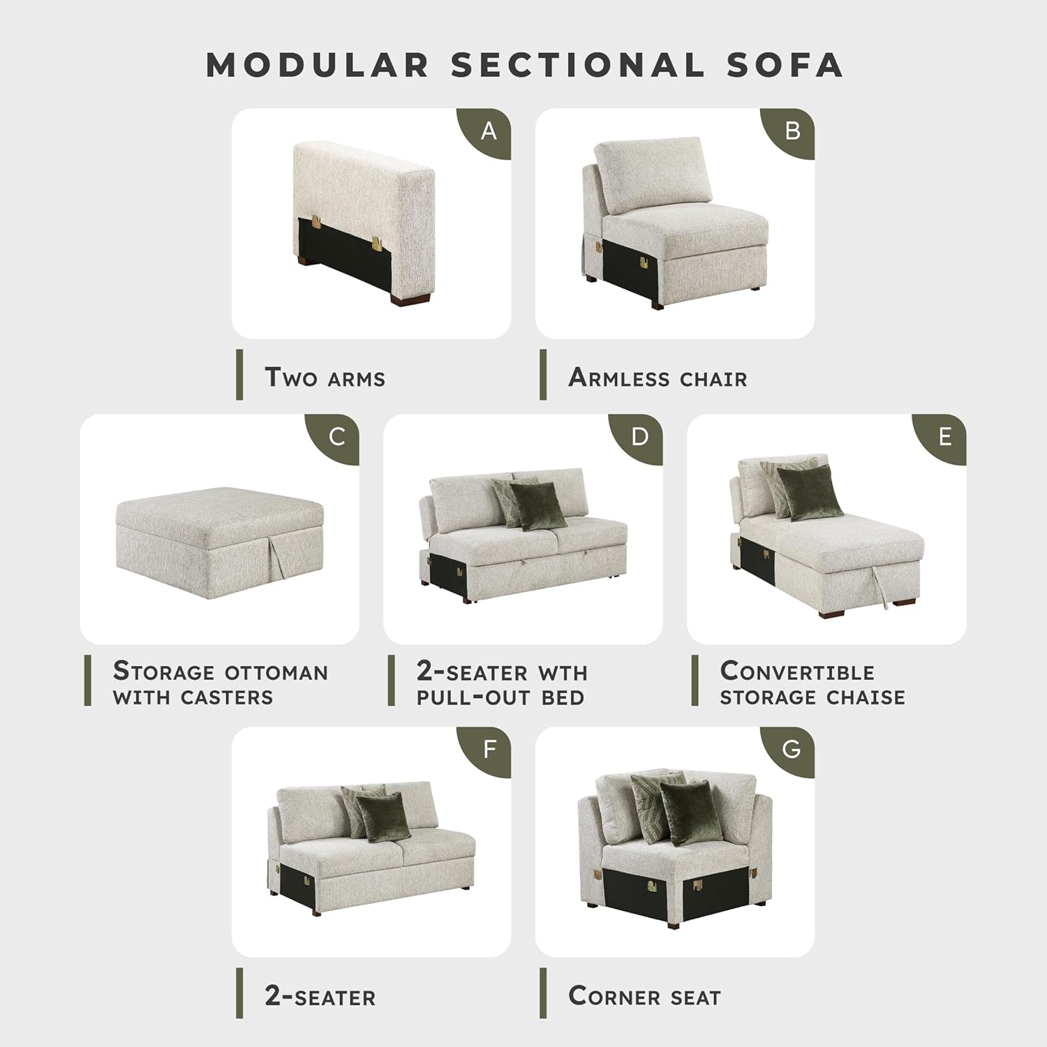 Lexicon 107.5 Inch Sectional Couches for Living Room-Modular Sectional Sofa with Pull Out Bed Sleeper, 6 Pillows, Adjustable Backrests, L Shaped 5 Seater, Microfiber Sand