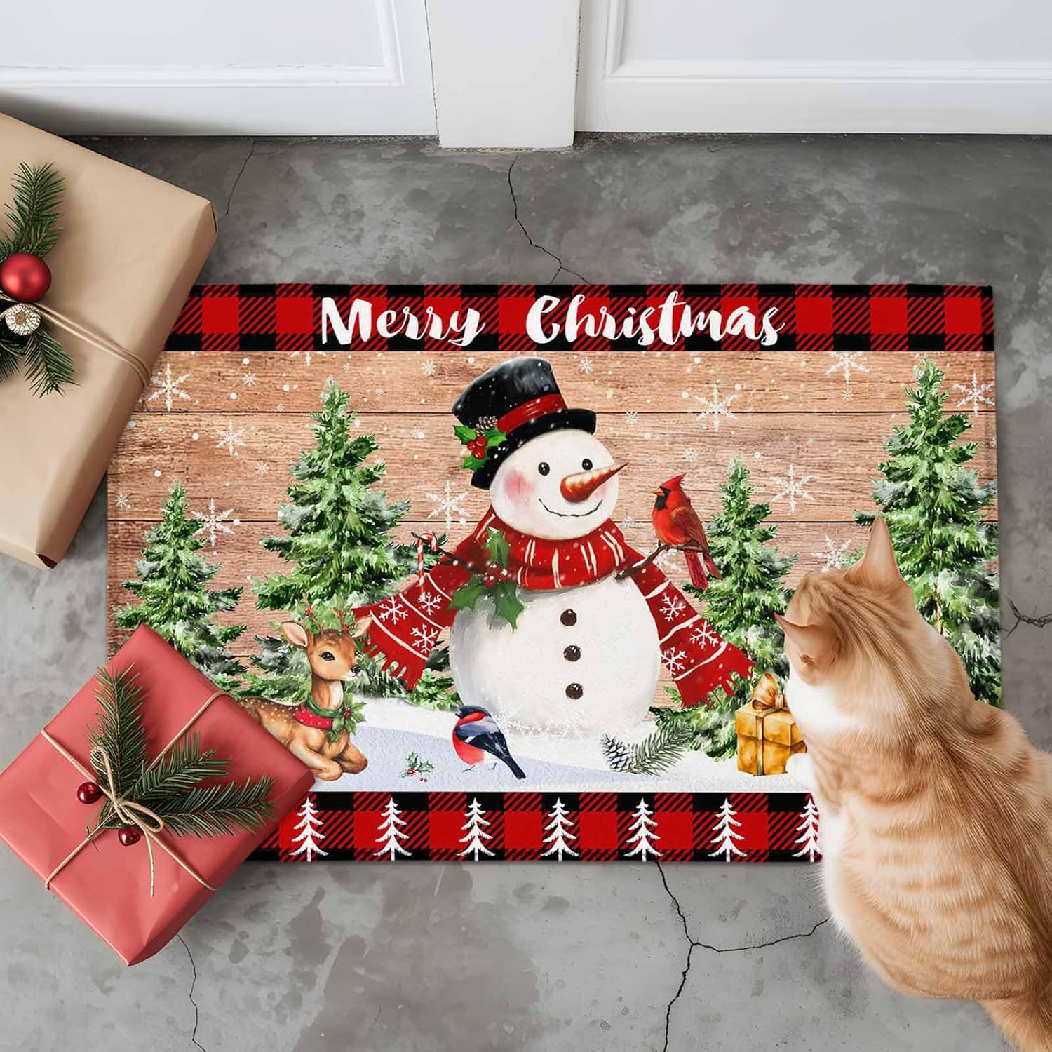 Christmas Snowman Doormat 16 x 24 Inch Christmas Tree Welcome Entryway Rugs Elk Deer Front Door Mat Black Red Buffalo Plaid Brown Wood Grain Absorbent Non-Slip Floor Mats for Kitchen Bedroom Bathroom