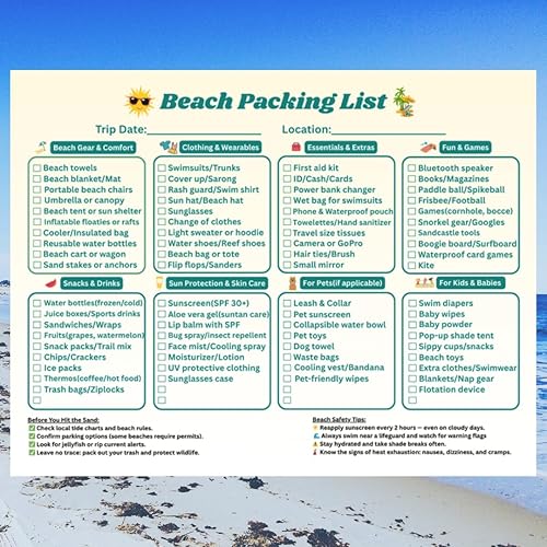 Beach Packing List – Laminated Reusable Beach Vacation Checklist for