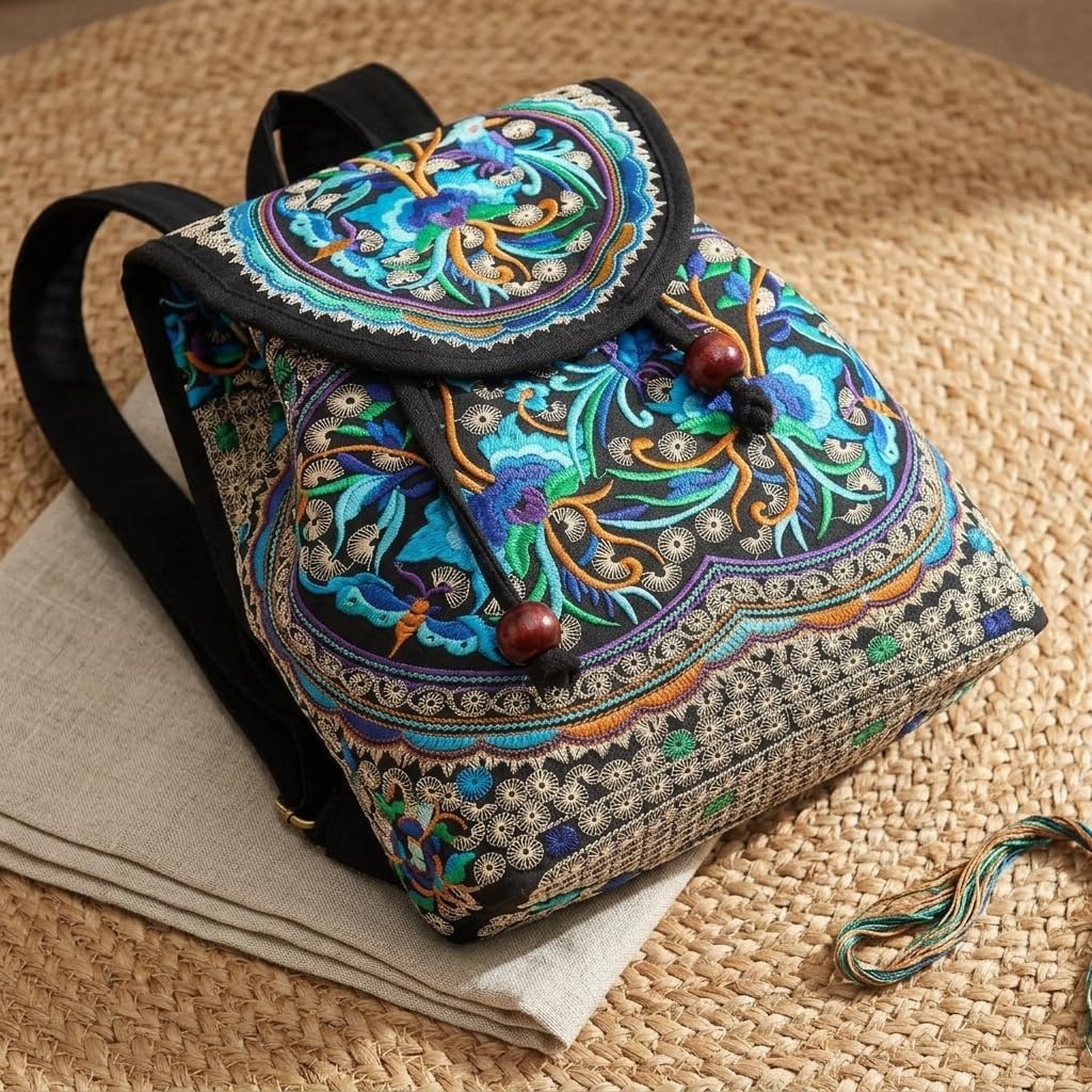 Embroidered Backpack Purse Canvas Ethnic Floral Mini Bag