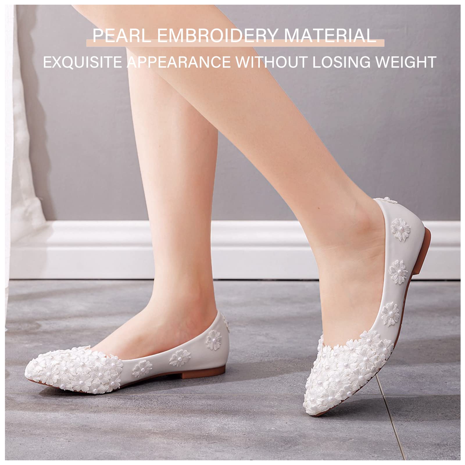 Scarpe Basse da Sposa, Décolleté in Pizzo Bianco da Sposa, Scarpe Casual Ballerine, Scarpe da Sposa con Imitazione di Fiori Adatte per Matrimoni, Feste, Feste da Ballo