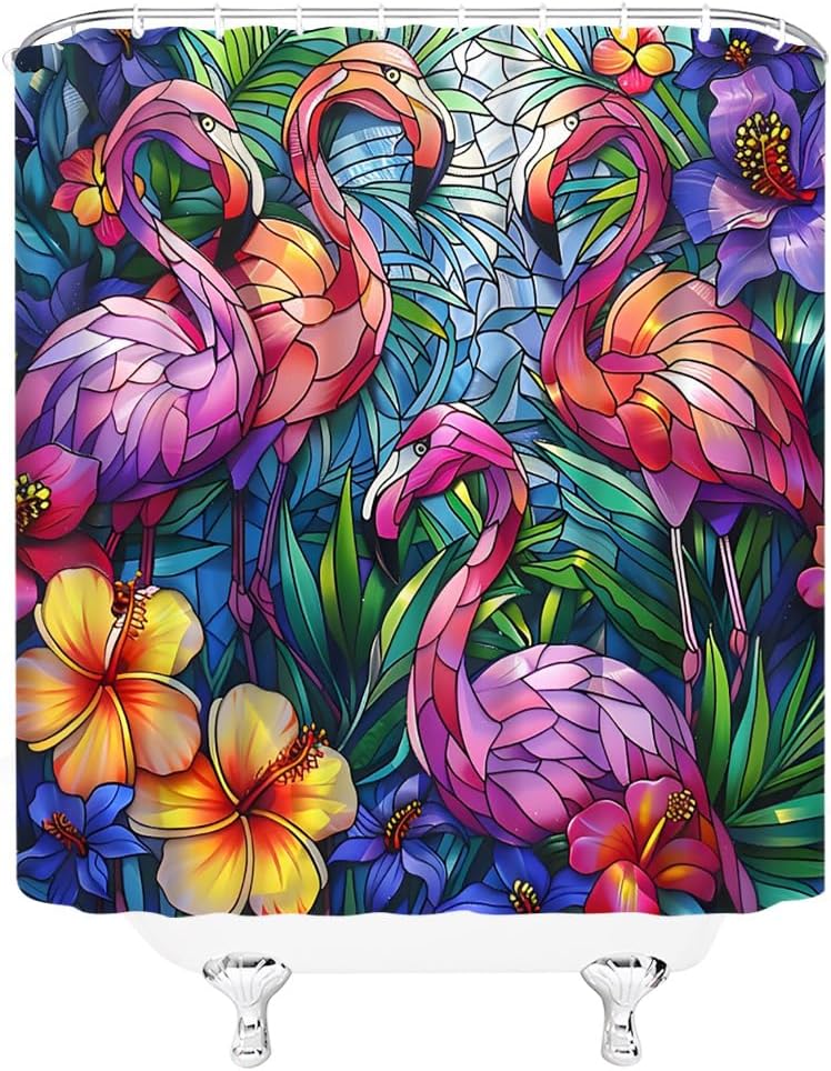 Pink Flamingo Shower Curtain Tropical Palm Leaves Flower Stained Glass Style Colorful Exotic Jungle Landscape Bathroom Decor Curtain Polyester with Hooks