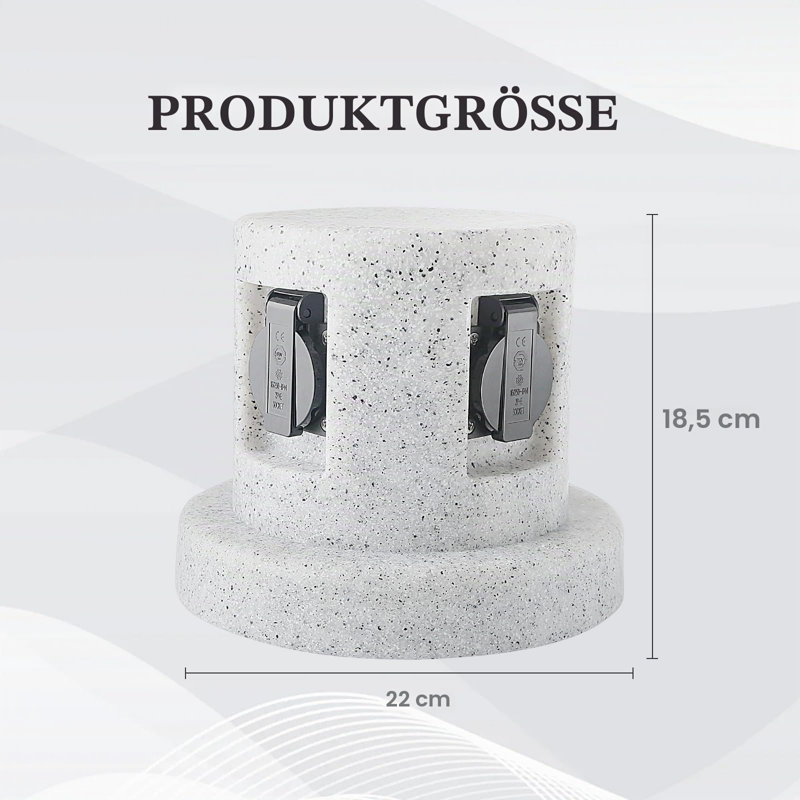 Garten Steckdosensäule Granit-Optik mit 4-Fach Steckdosen und 1m Gummikabel, IP44, Kunststoff, max.3600 Watt,Außensteckdose Garten Stein