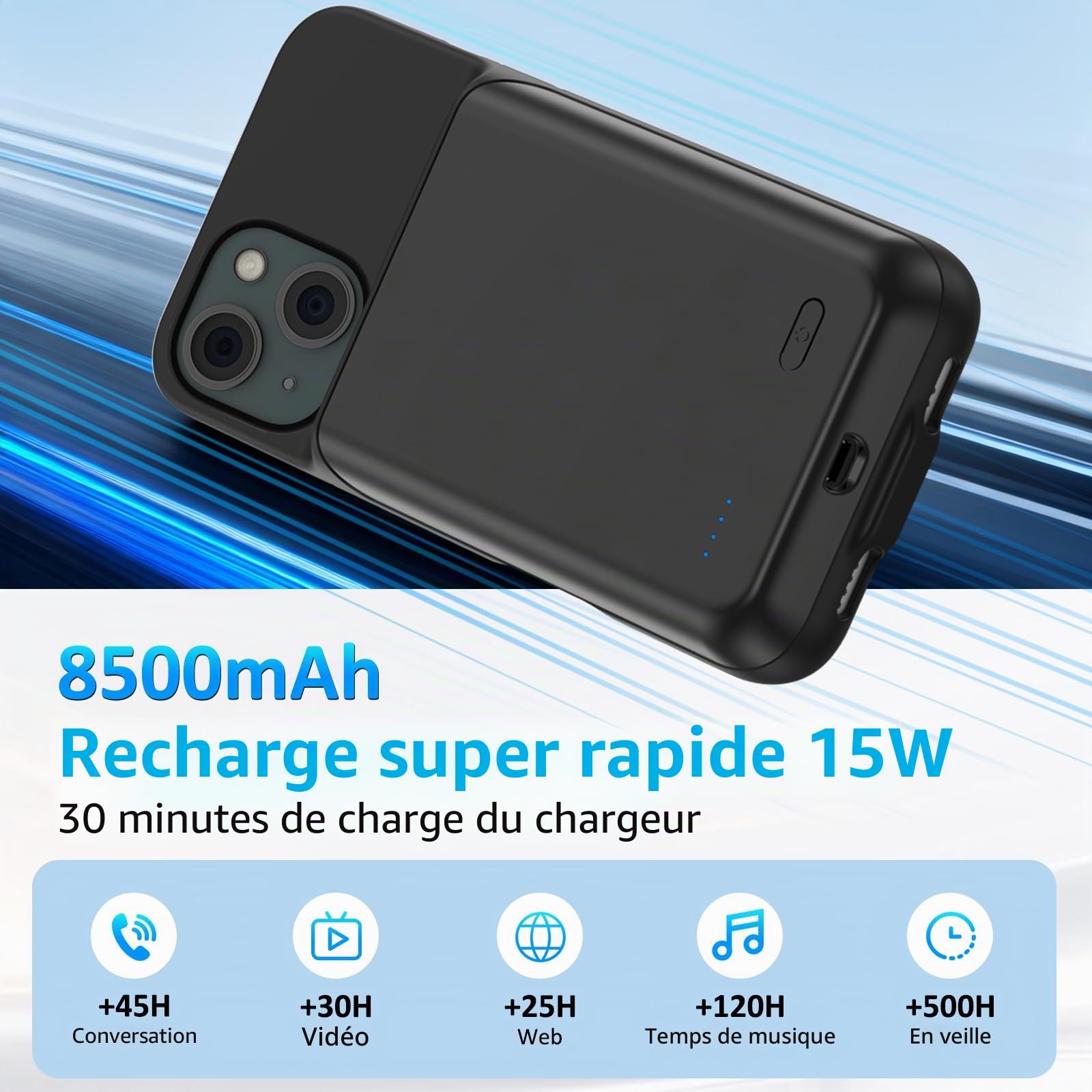 Coque de Batterie pour iPhone 15 (6,1 "), 8500 mAh, Chargeur Portable Ultra Fin pour iPhone 15, Chargeur de téléphone et Coque de Protection avec Fonction de Charge pour iPhone 15 - Noir