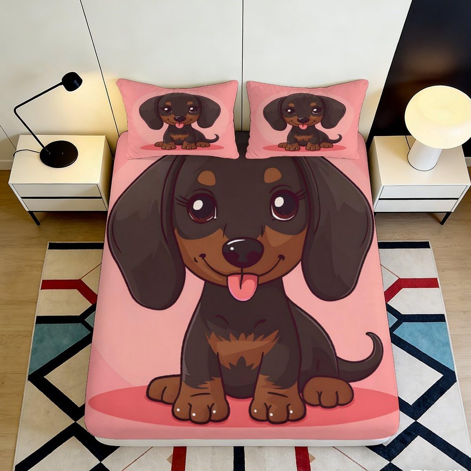 3D Printed Cartoon Dachshund Fitted Sheet Microfiber Pink Dog Mattress Cover Non Slip for Bedroom Dorm Decor 140x200x25cm