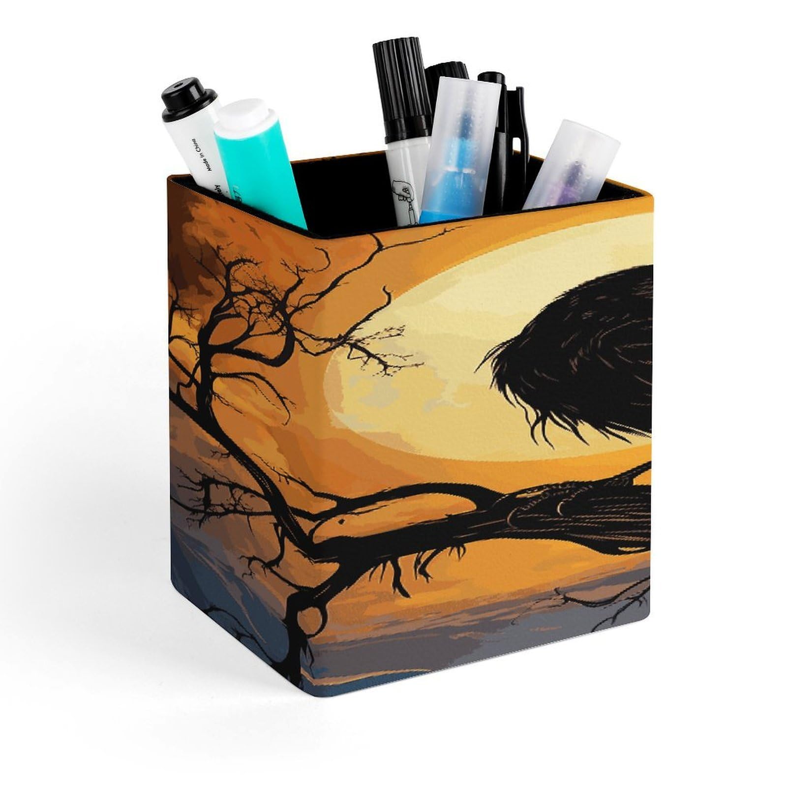 MUSM Crow Pen Holder Square PU Leather Desktop Organizer And Makeup Brush Holder Storage Box Modern Design Stationery Organizer for Office Desk Accessory