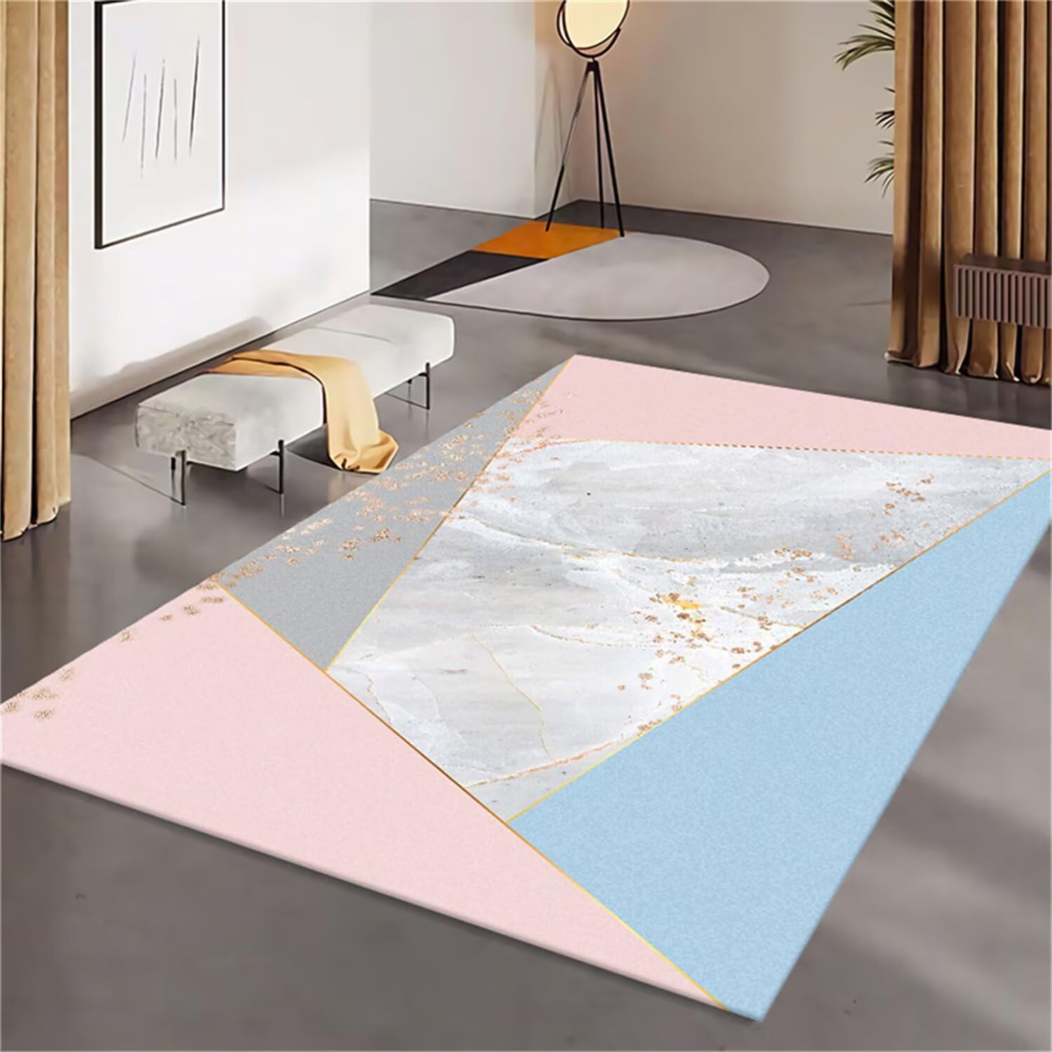 Tapis chambre fille lavable rose gris 180x270cm grand tapis salon extra plat motif marbre XXL