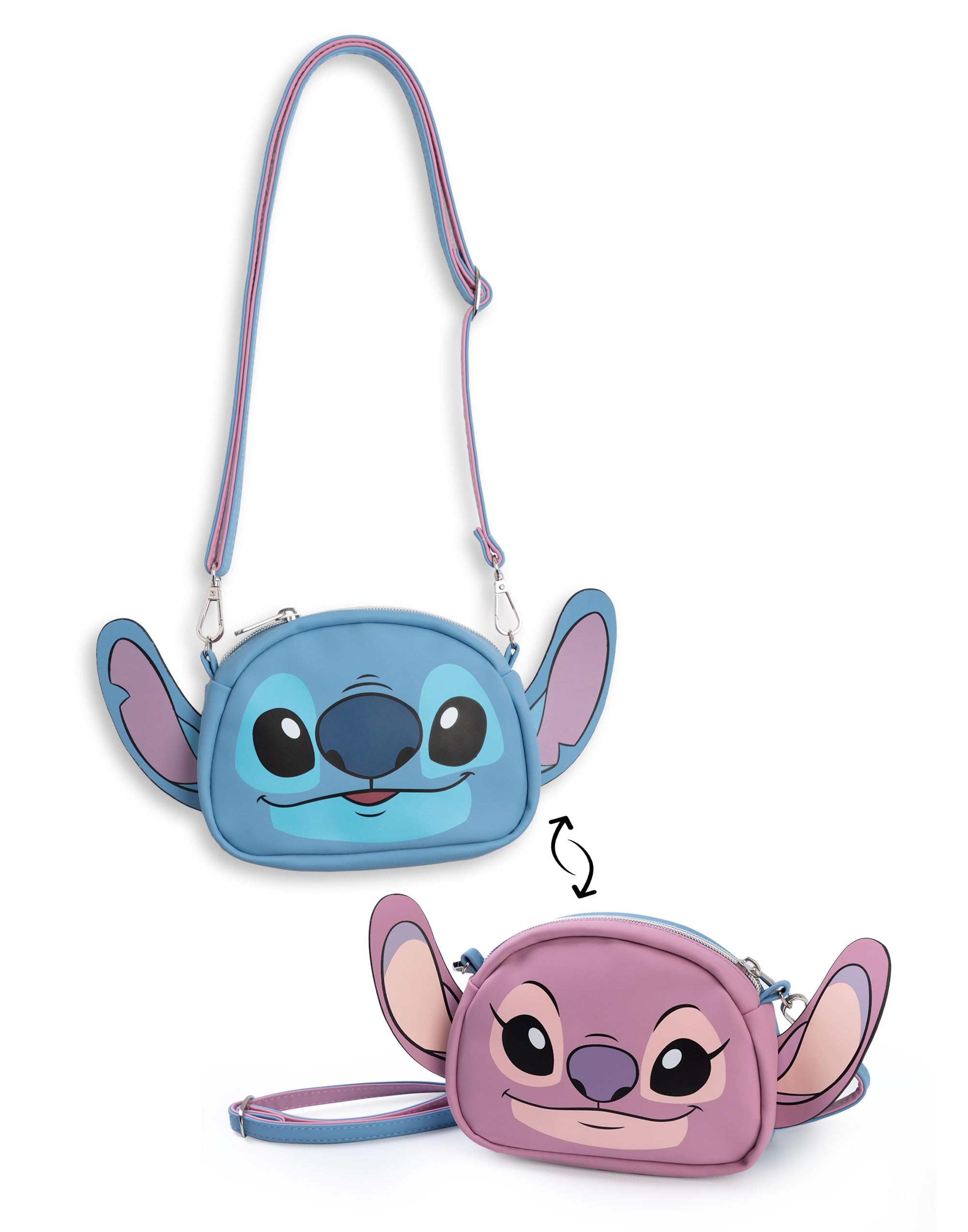 Disney Lilo & Stitch doppelseitige Umhängetasche, blaue Stich- und Engelfiguren-Handtasche, verstellbarer Riemen, kleine Tragetasche, Filmartikel für Kinder