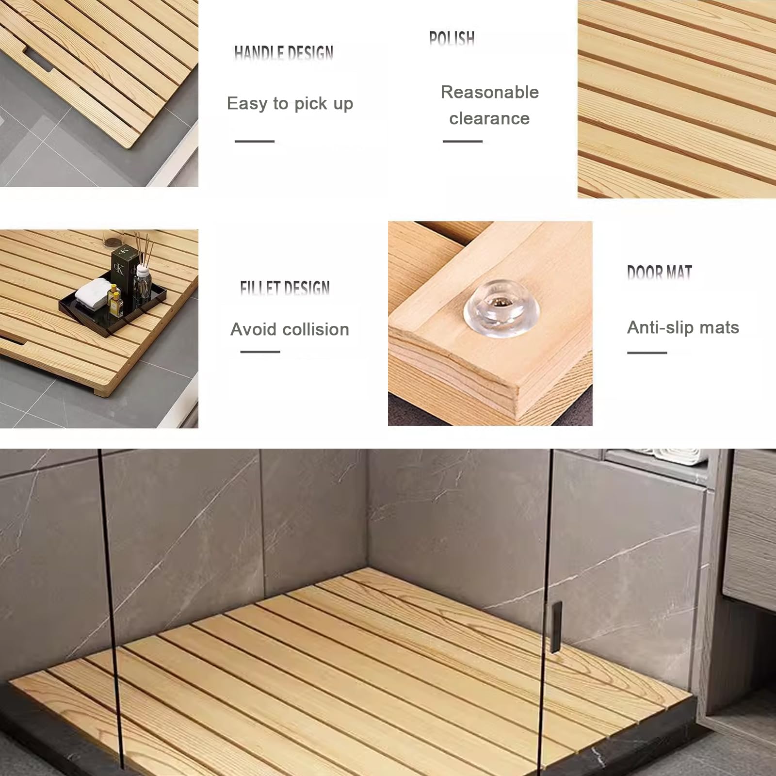 Alfombrilla de baño de bambú antideslizante con asa, rejilla de ducha rectangular, alfombra de bañera de spa, tapete de puerta de cocina, 65 x 65 cm, duradero, no tóxico, diseño ecológico