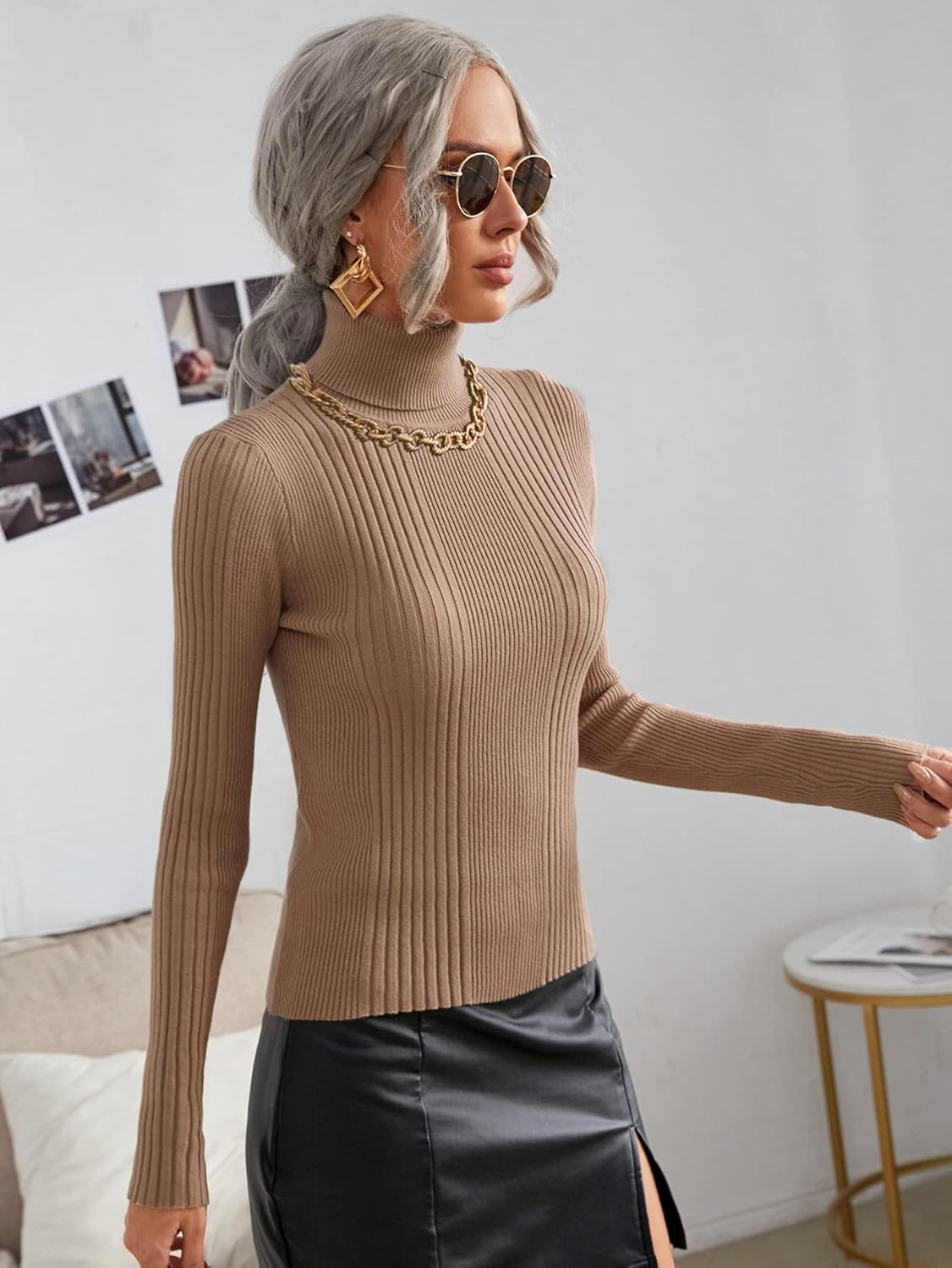 Women's Sweater Turtleneck Ribbed Knit Slim Fit Sweater Sweater for Women (Color : Coffee Brown, Size : Medium)