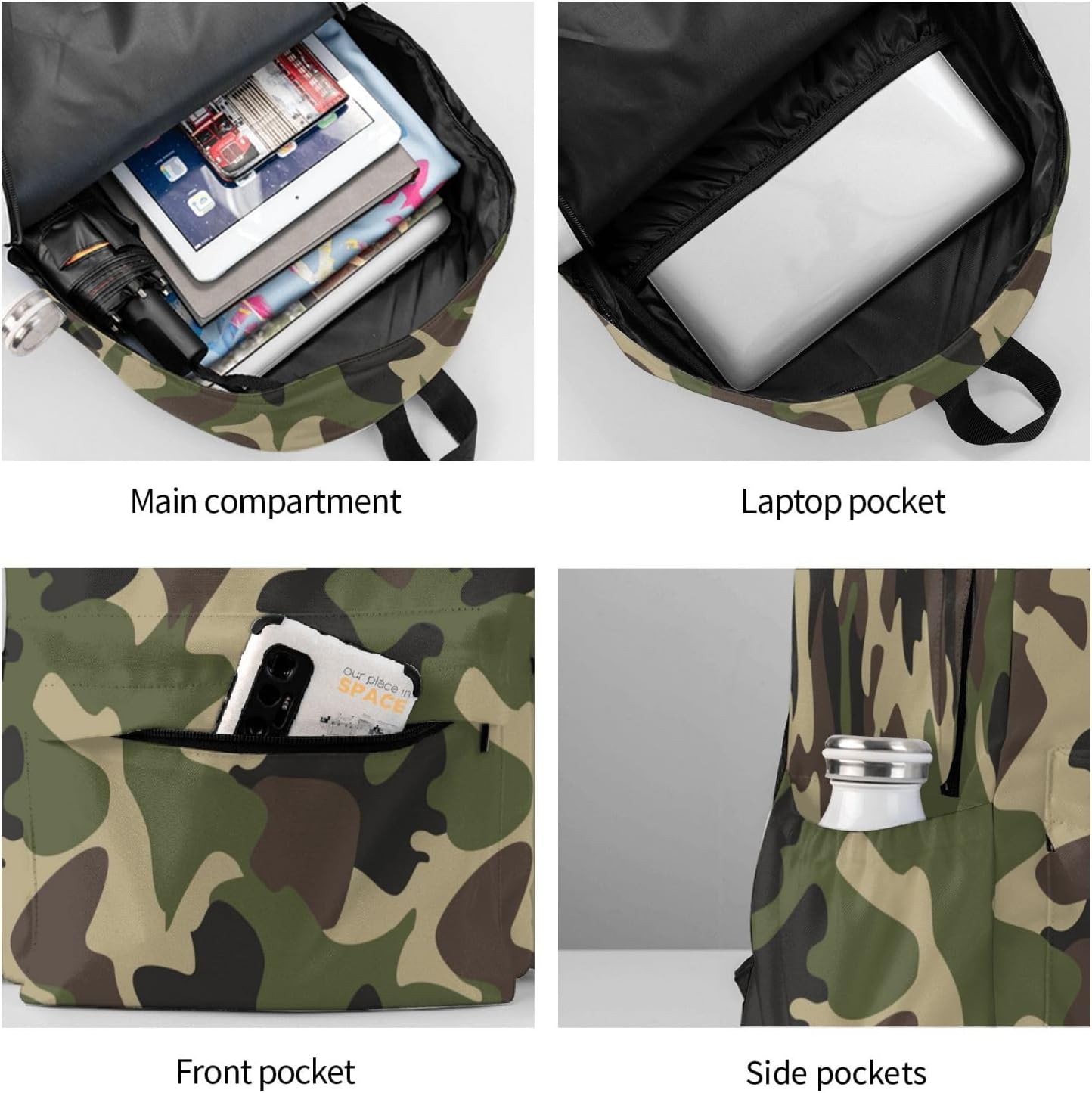 Camouflage Pattern Laptop Backpack For Men Women, Green Camo Lightweight Daypack Bookbag For Daily Commutes Business Travel Hiking - Image 6