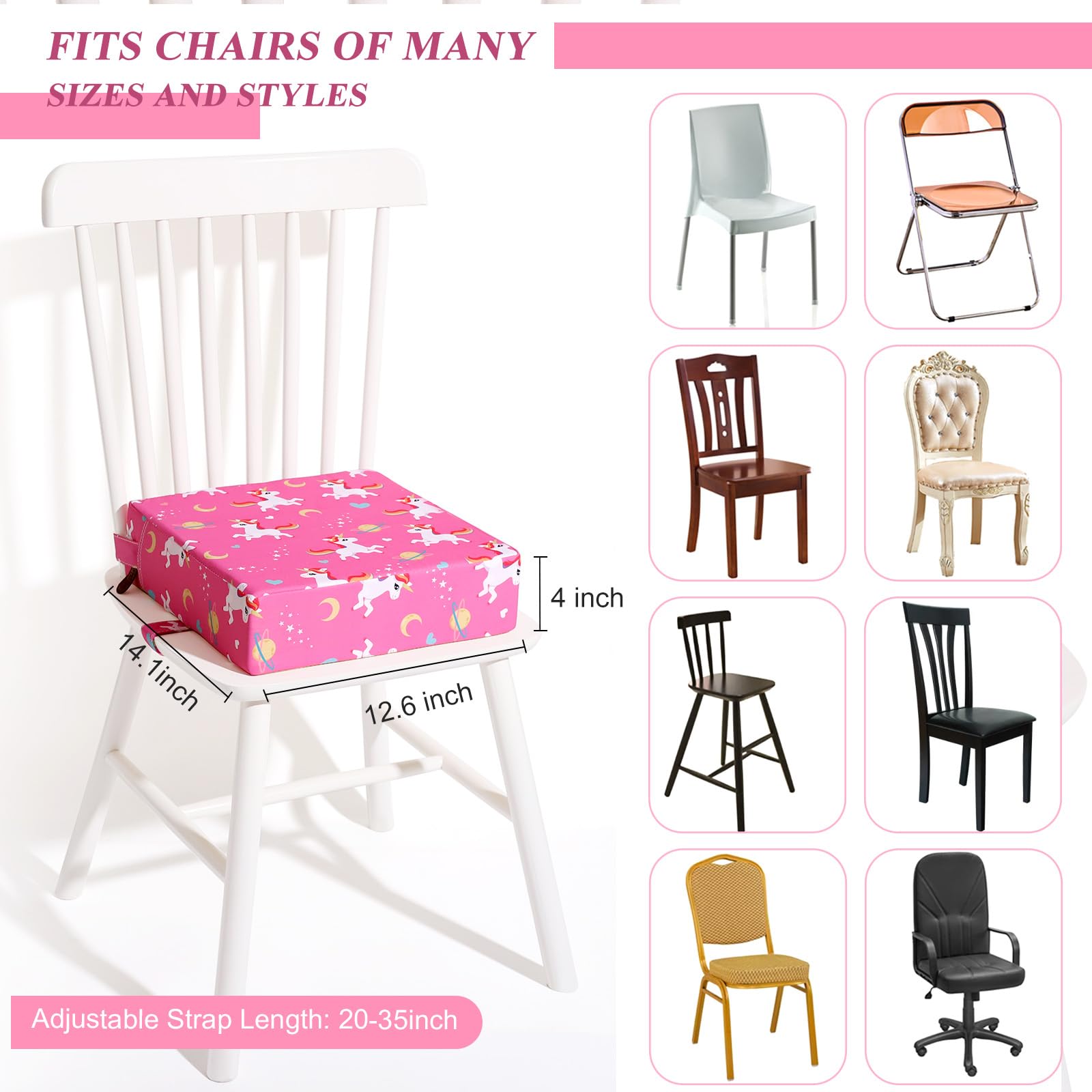 Rialzo Sedia Bambini Lavabile Rimovibile Portatile Cartone Animato Rialzo Sedia Bambini da Tavolo 2 Regolabile Cinghiette Antiscivolo Alzasedia Bambini Portatile per Usare Casa Viaggio(Rosa)