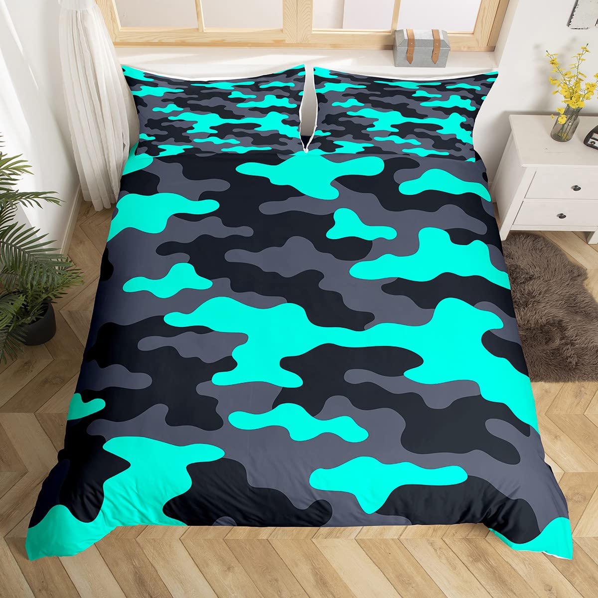 Housse de couette camouflage bleu vert fluo Manfei pour remplacer un lit enfant usé