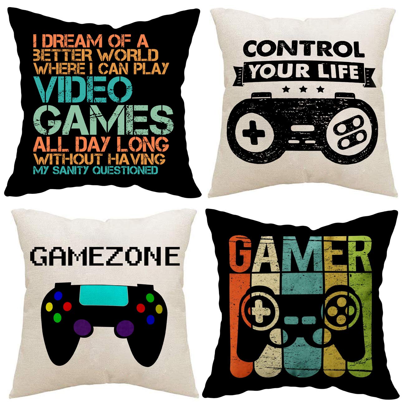 MoharWall Gamer Game Controller Set of 4 Linen Square Throw Pillow Video Games Case Cushion Cover for Playroom Office Bed Sofa Decor 18"x 18"