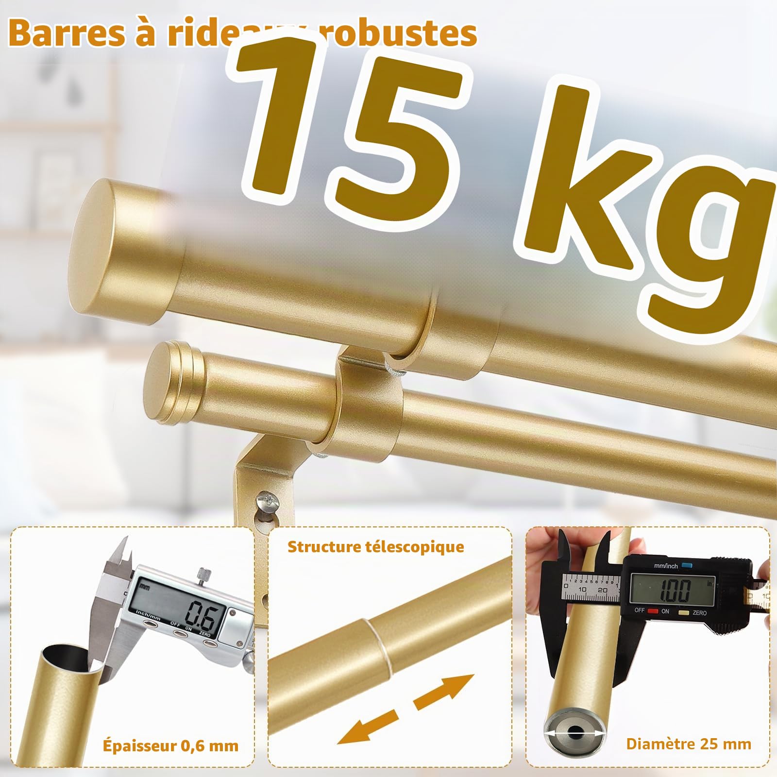 KAMANINA Double Tringle a Rideaux Doré, Tringle Rideau Extensible 190-355cm | Barre Rideau Extensible, Montage Mural, Métal, 25 mm Diamètre, Charge 15 KG, avec Embouts, pour Exterieur, Chambre, Salon