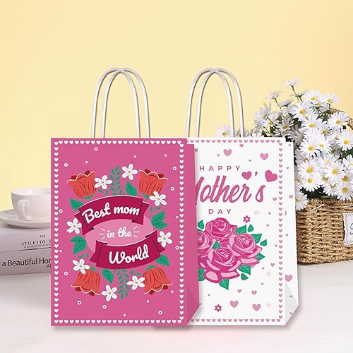 Miniatura 7 de Bomiloho Bolsas de regalo para el día de la madre, 16 bolsas de cartón de clavel rosa, reutilizables, resistentes, diseños únicos, 5.9 x 3.2 x 8.3