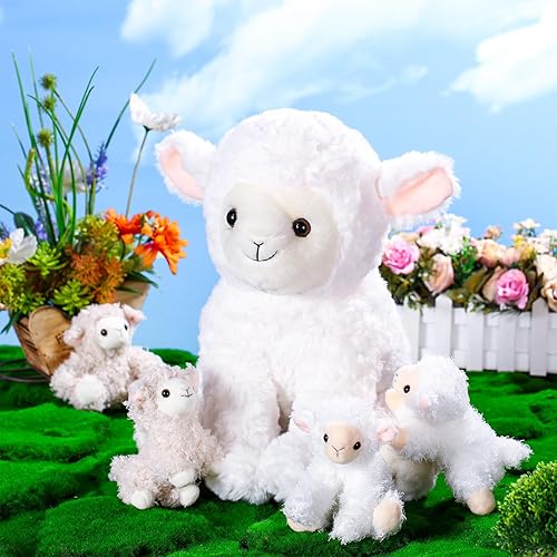 Miniatura 5 de Lenwen Juego de 5 juguetes de peluche de cordero, peluche de cordero de 14 pulgadas con 4 lindos bebés en ella, con cremallera, suave, para