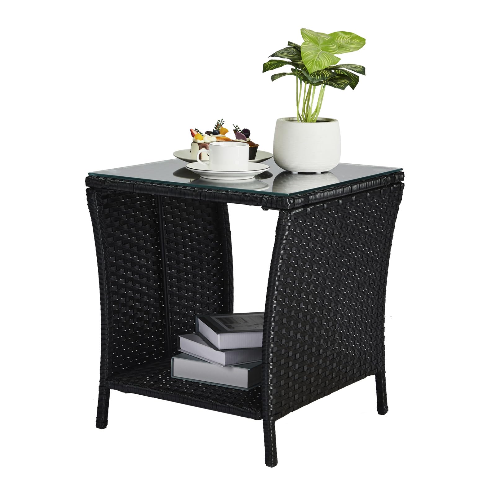 Rpuzonier Wicker Rattan Side Table, Outdoor Square Rattan Coffee End Table with Tempered Glass Top and Storage for Patio Porch Lawn (Black)