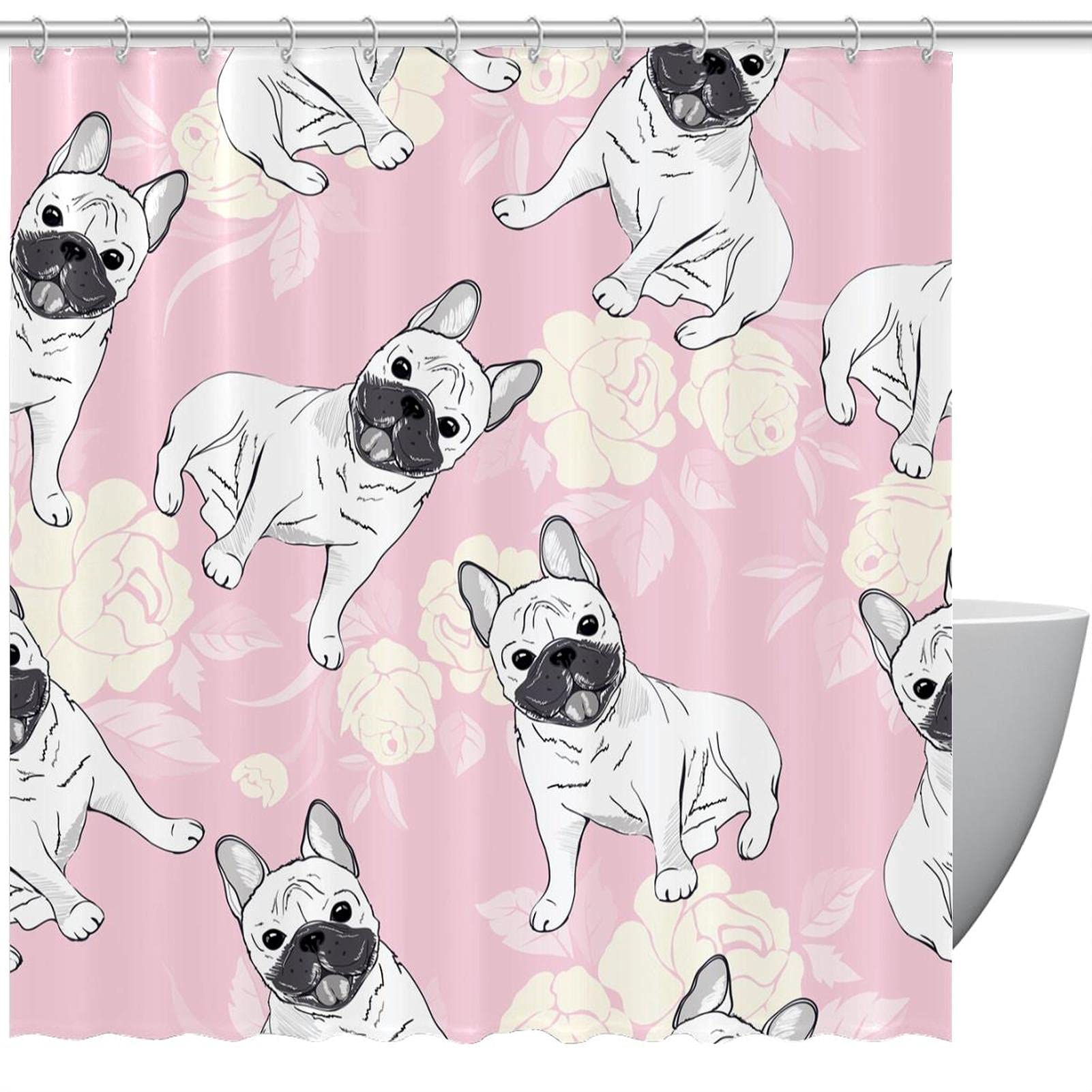 Rideau de douche bouledogue pour éviter les fuites d'eau sur le carrelage