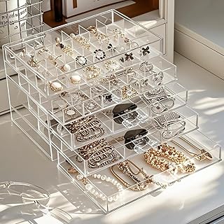 Acrylic Jewelry Box With 5 Drawers Clear Earring Storage Organizer Displ...