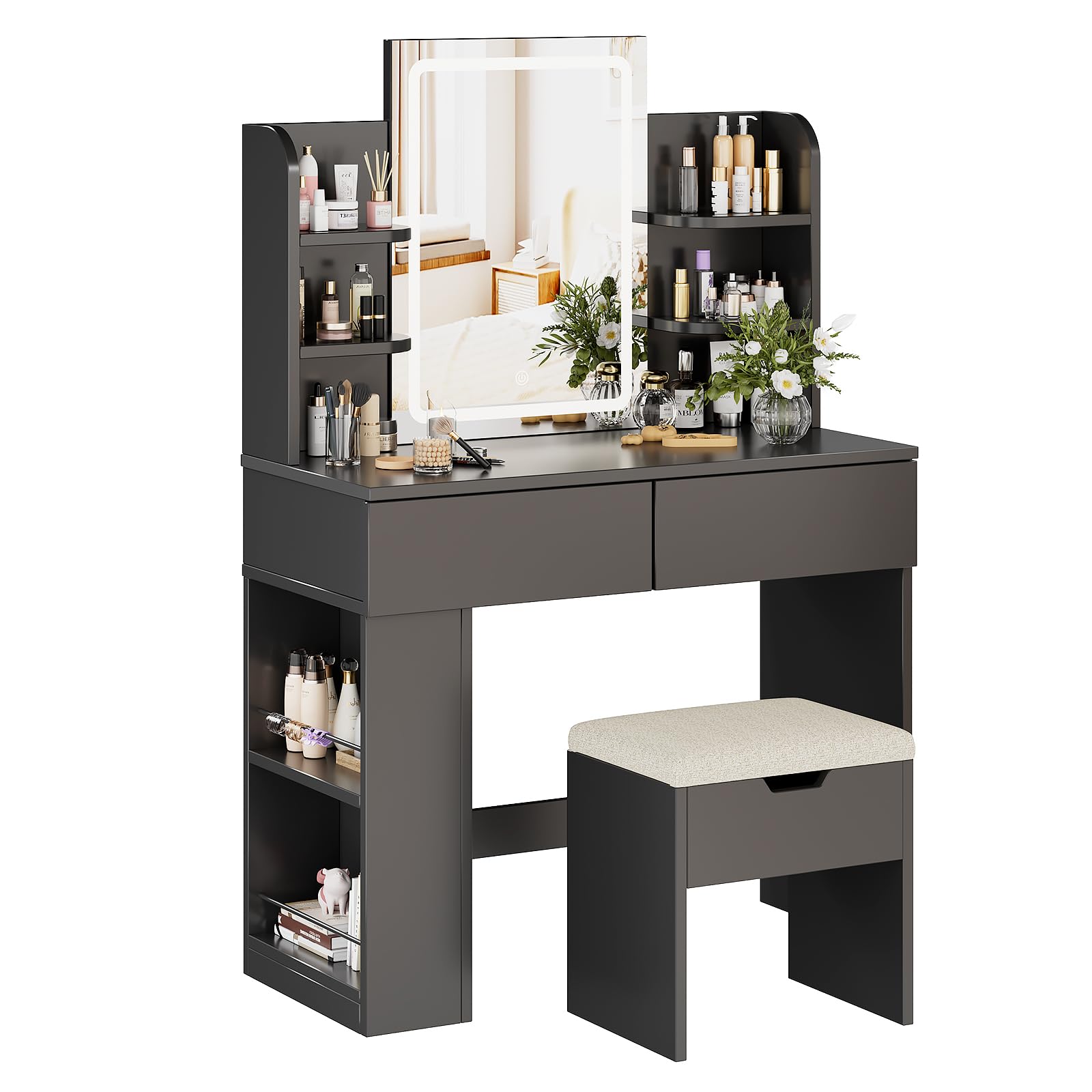 TRIUMPHKEY Toeletta da Trucco con luce LED, Tavolo da Toilette con Specchio e Sgabello,Postazione Trucco,Luminosità Regolabile,2 cassetti, Arredamento Moderno per la Camera da Let (Nero)