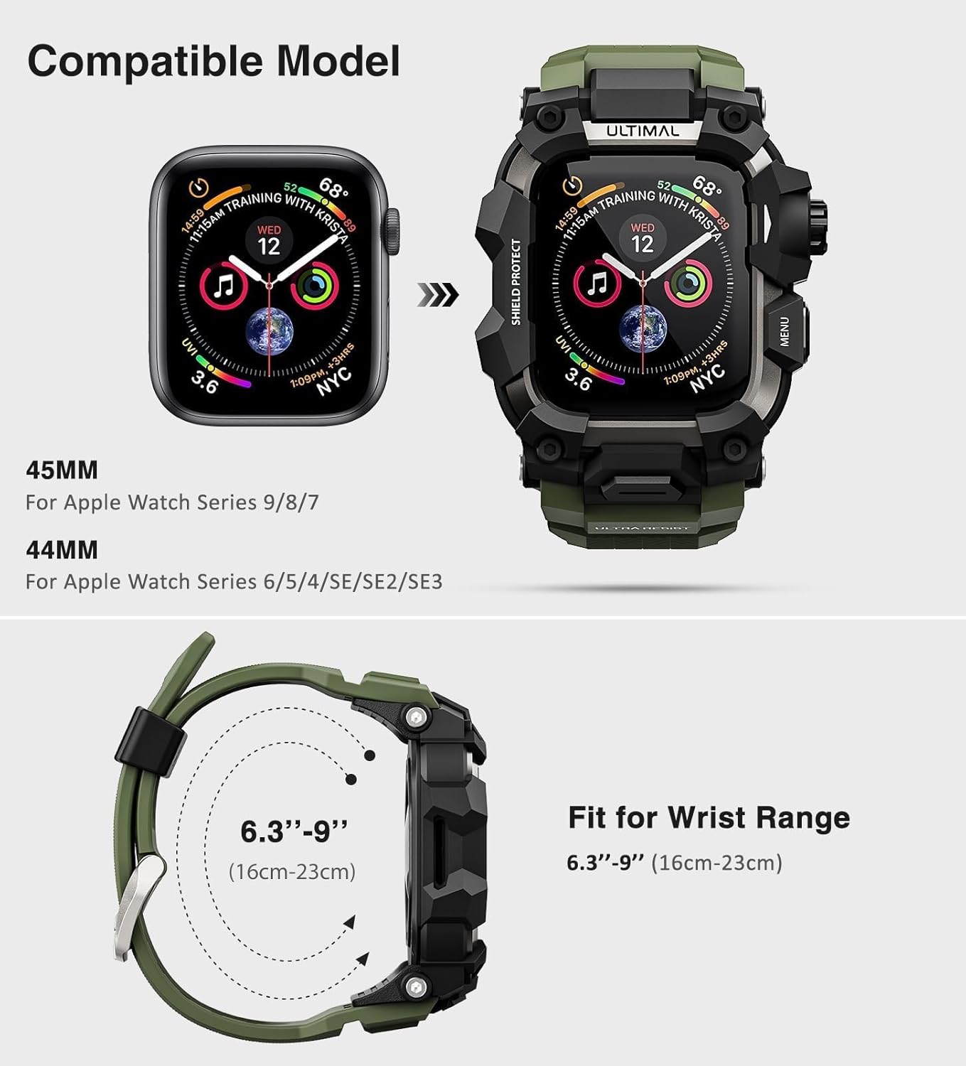 ULTIMAL Rugged Case with Band for Apple Watch 44mm,Compatible with Apple Watch Series SE 3/SE 2/SE Generation/6/5/4, Military Grade Shockproof Bumper Cover for iWatch Tactical Band Men (Army Green, 44mm) - Image 2