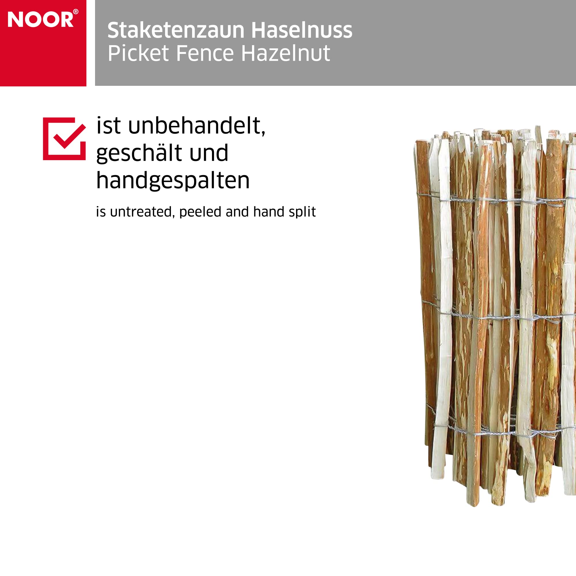 NOOR Staketenzaun Berg-Haselnuss - rustikaler Rollzaun Naturzaun 1,2x5 m