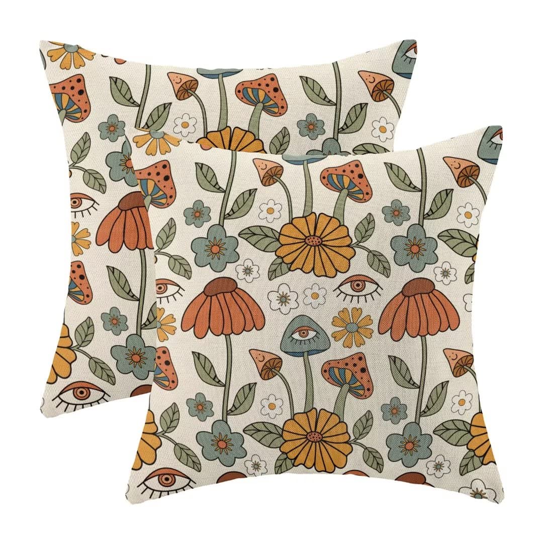 BETGINY Boho Throw Pillow Covers 18x18 Set of 2, Yellow Orange Fun Cute Mushrooms Retro Decorative Outdoor Pillow Covers 70s Vintage Floral Linen