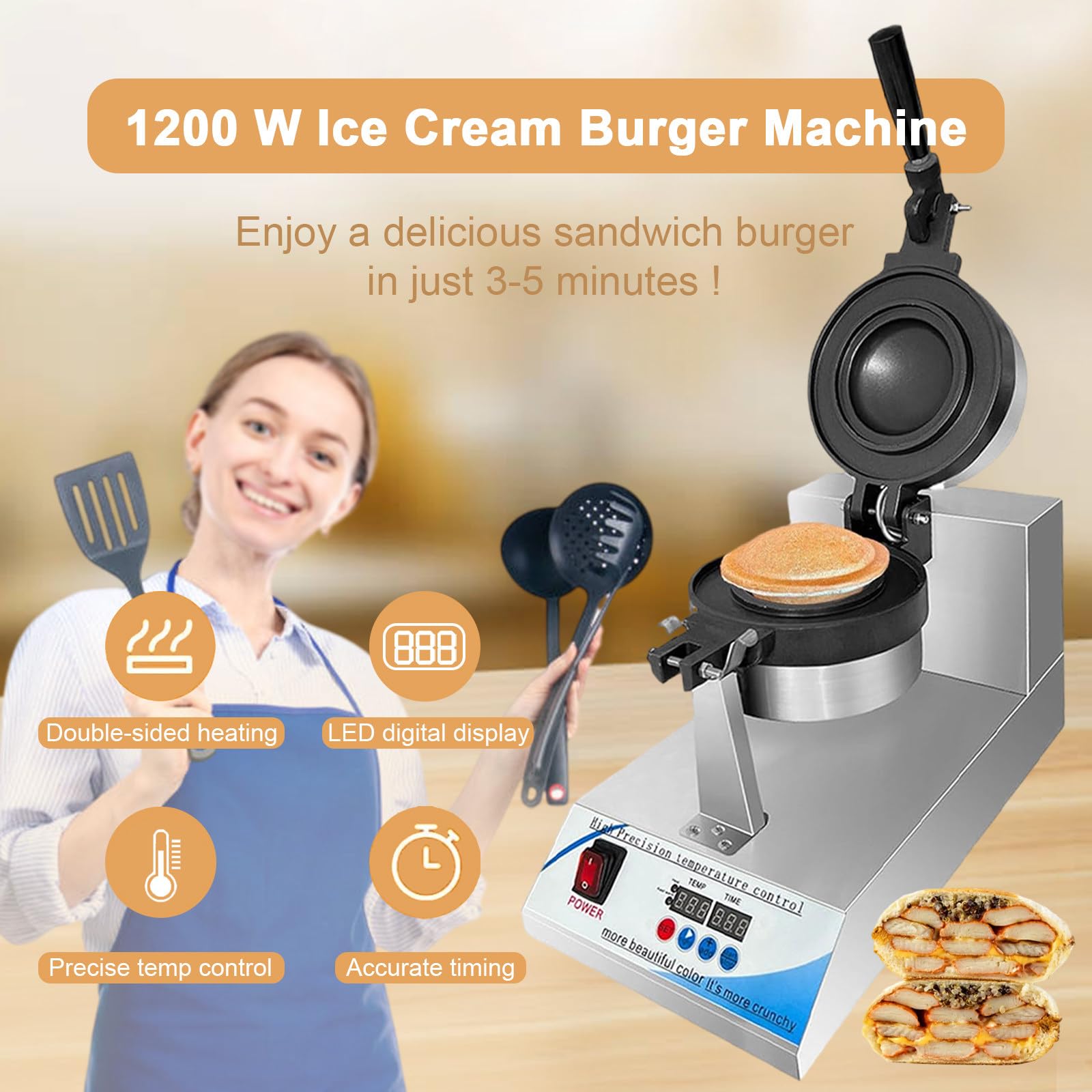 Máquina para Hacer Hamburguesas Y Gofres - Prensa Eléctrica para Sándwiches con Relleno De Helado, Control Digital De Temperatura LED Y Temporizador, Calentamiento por Ambos Lados