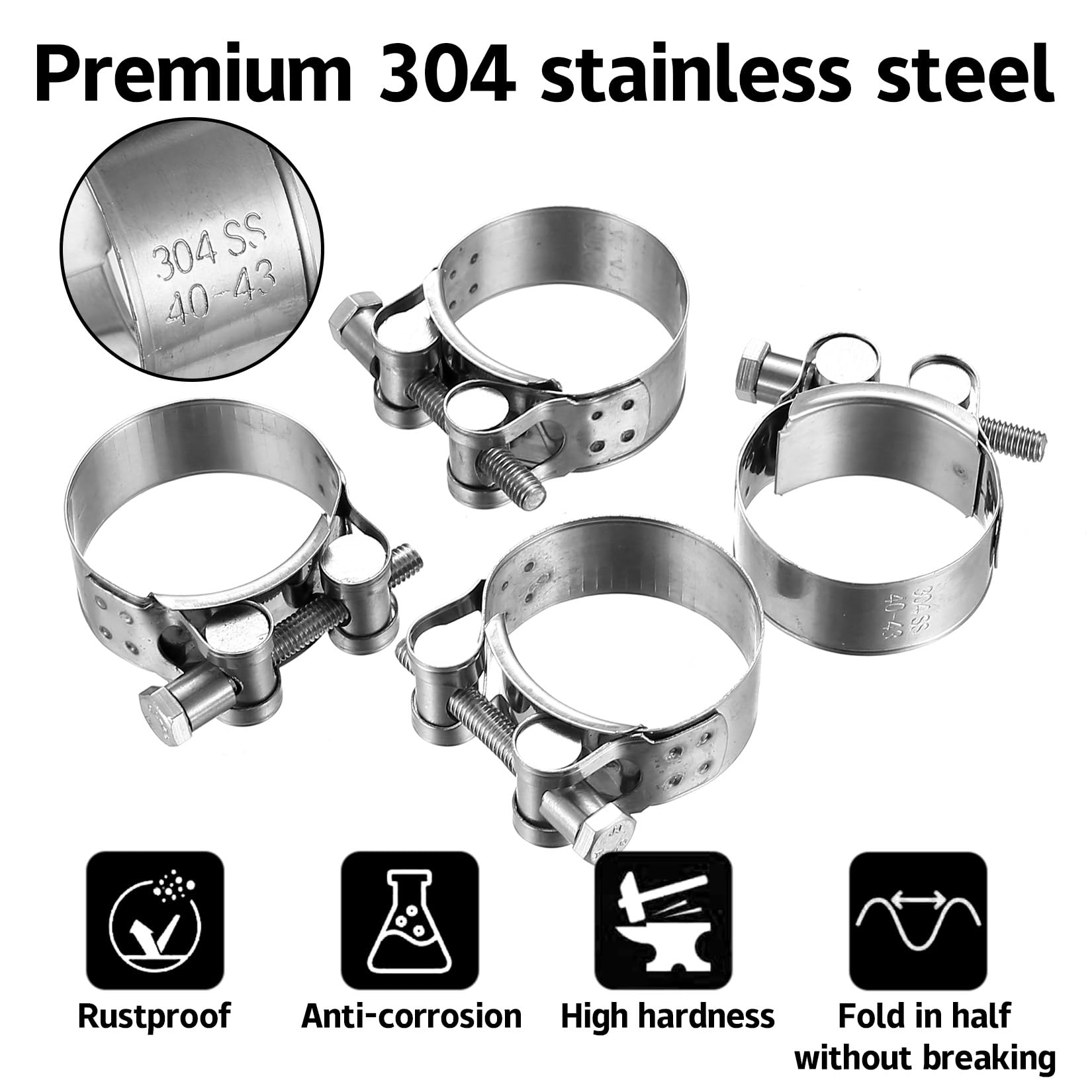 4 x regulowany zacisk ze stali nierdzewnej 40–43 mm, zacisk ze stali nierdzewnej, zaciski śrubowe typu T do kołnierza wydechowego, rury wydechowe, węże wodne, samochody
