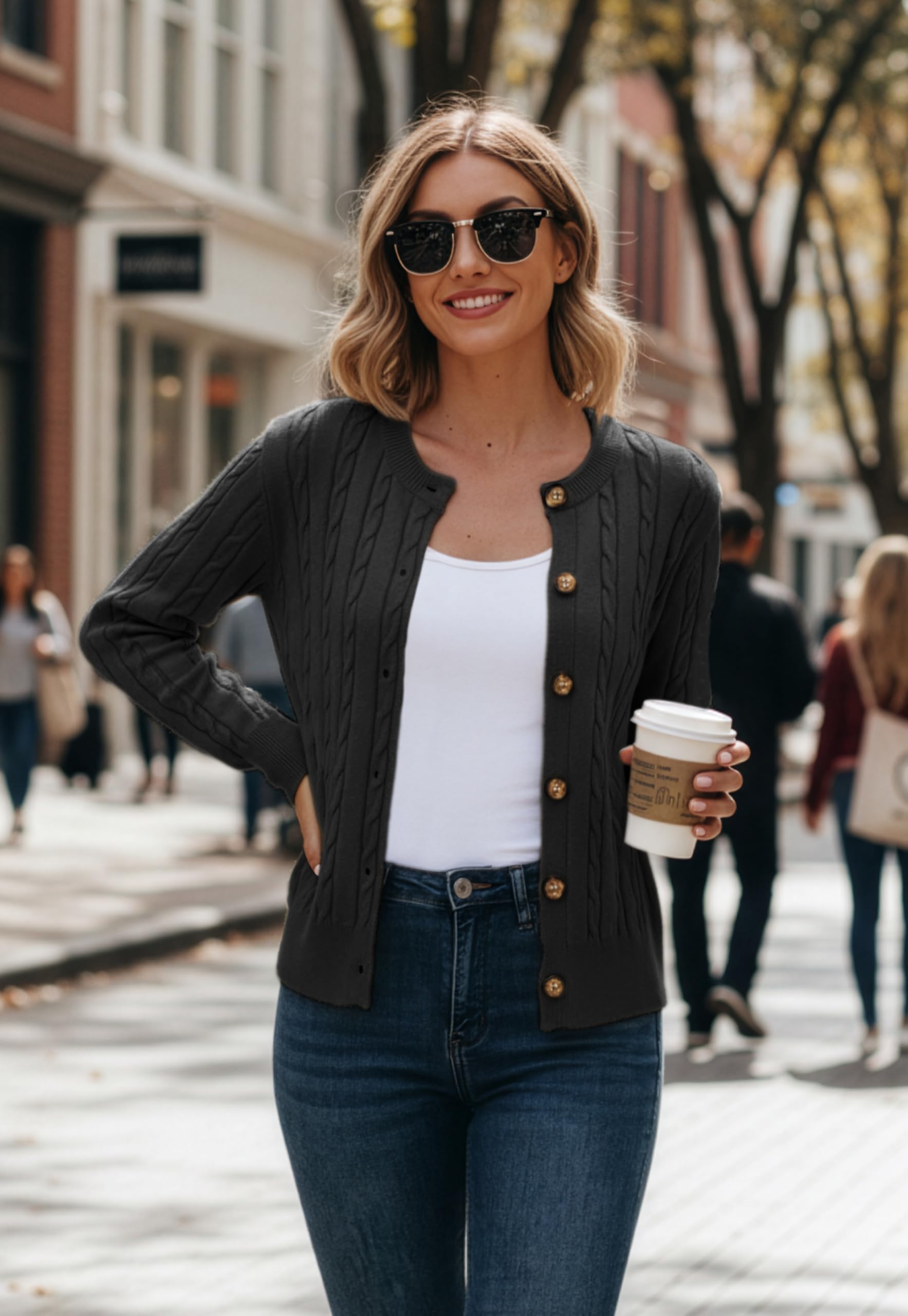 GRECERELLE Kardigan damski z długim rękawem, elegancki, luźny, okrągły dekolt, styl casual, stylowy sweter z dzianiny, klasyczny płaszcz z dzianiny, z guzikami, na jesień, zimę, wiosnę
