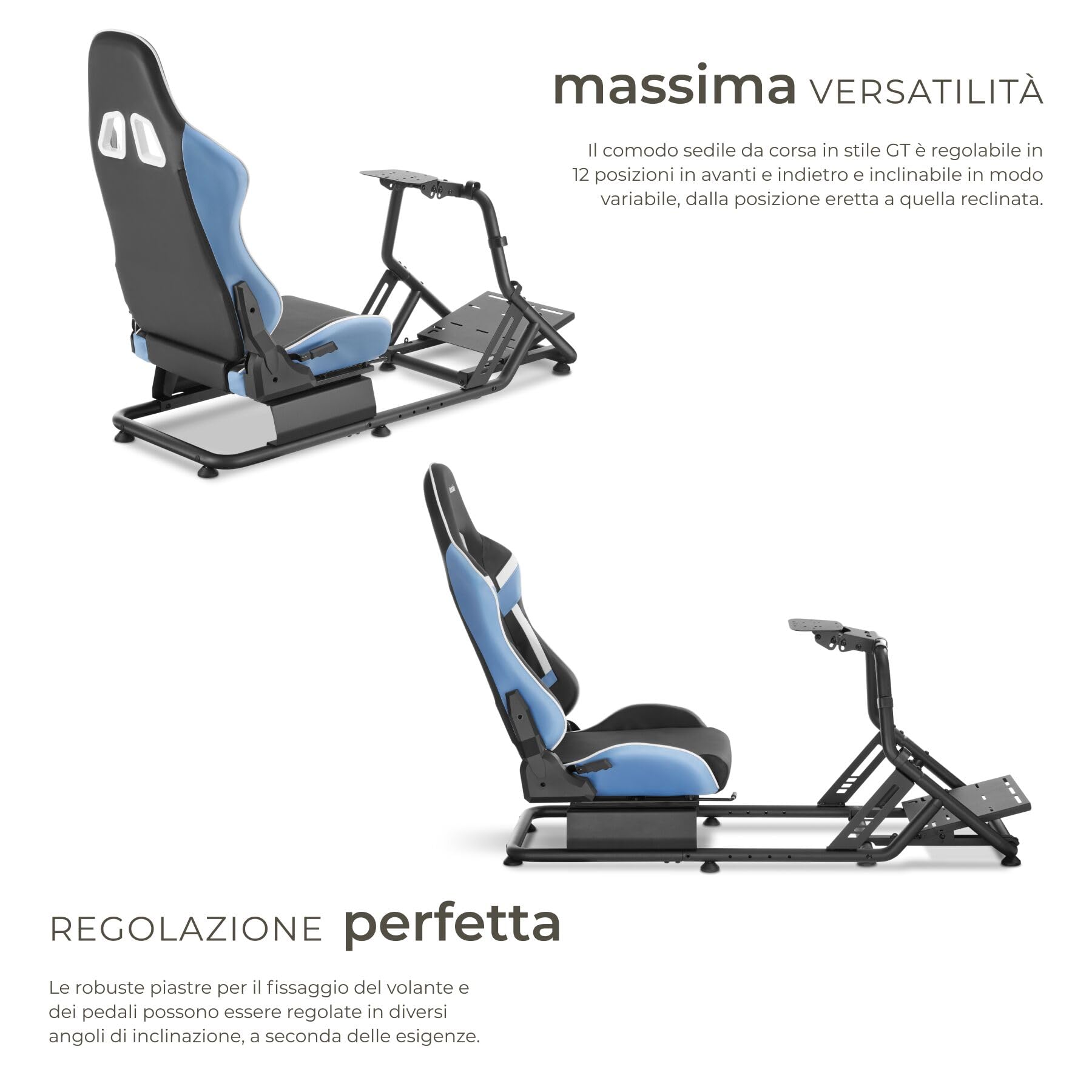 tectake® Sedia Gaming, Postazione Corsa Racing GT, Gaming Chair per Simulatore di Guida, adatto a vari Brand di Volante PC e Console, Seduta regolabile, cockpit sim racing in acciaio, Nero/Azzurro