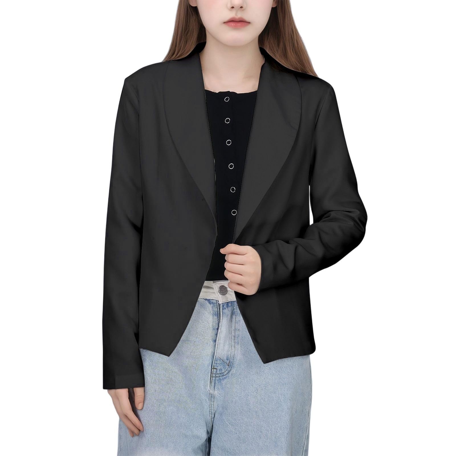 Chaqueta Formal Niña Liso Solapa Traje Frente Abierto Top Manga Larga Talla 5-14 Años