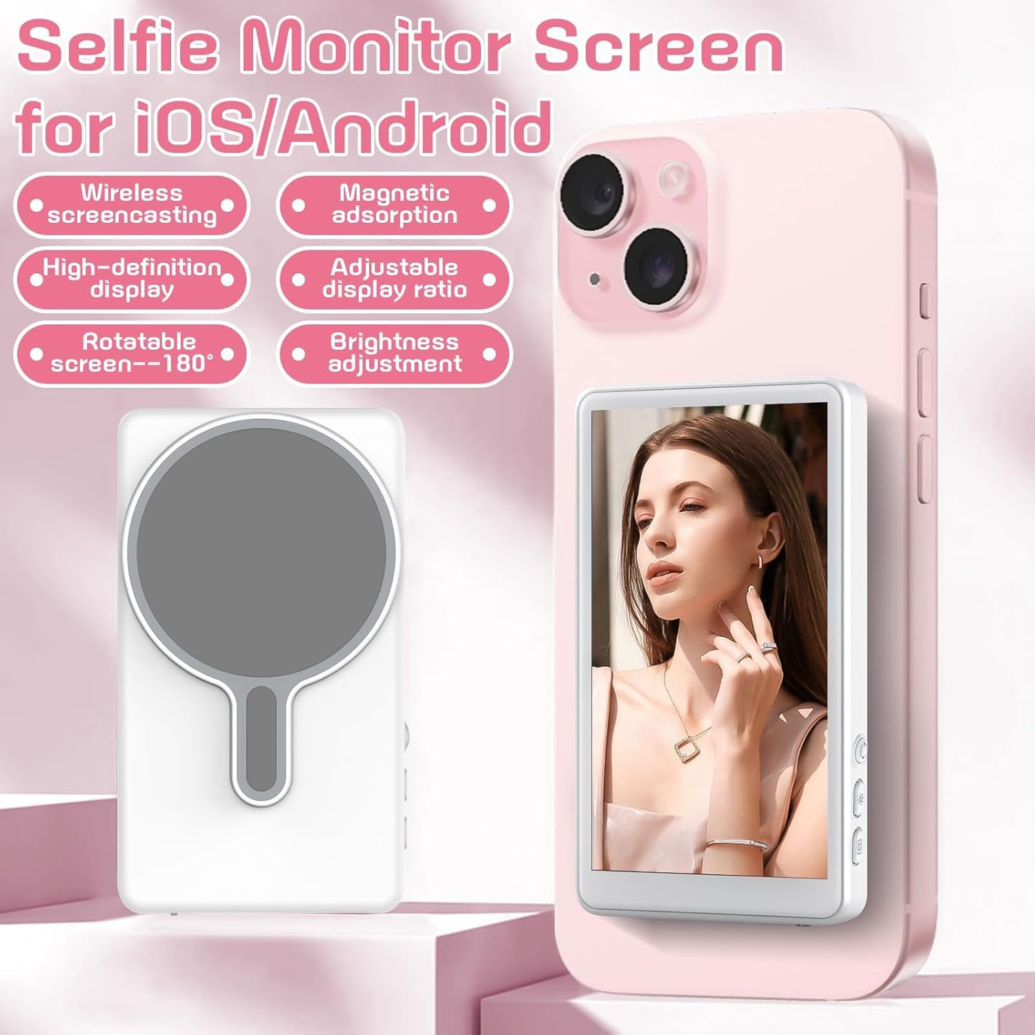 Wireless Selfie Monitor Screen, Rear Camera Monitor for iPhone/Android, Portable Phone Vlog Selfie Monitor Screen with Remote Control & Magnetic Connection, 1800 mAh, Gift for Friends/Family, White