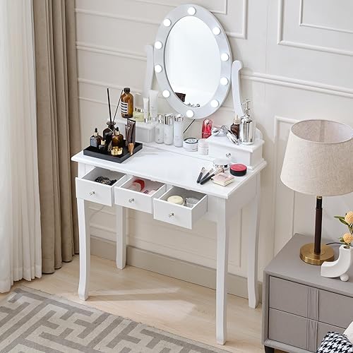 Miniatura 2 de Mesa de tocador de maquillaje con espejo iluminado, tocador compacto con 5 cajones grandes para mujeres y niñas (blanco)