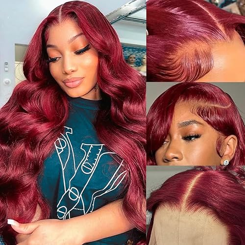SWEETGIRL Burgundy 13x6 Lace Front Wigs Human Hair Body Wave Lace Front Wigs Pre Plucked HD Lace Frontal Wigs Human Hair Wig for Women 180 Density Red Wig 28 Inch