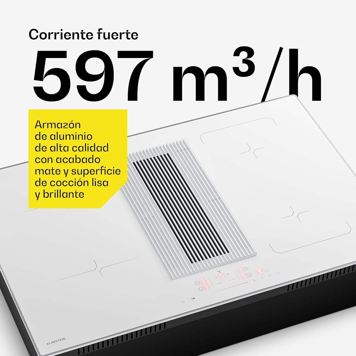 Close-up of the Klarstein Velaire Induction Hob showing the extractor grill and touch controls