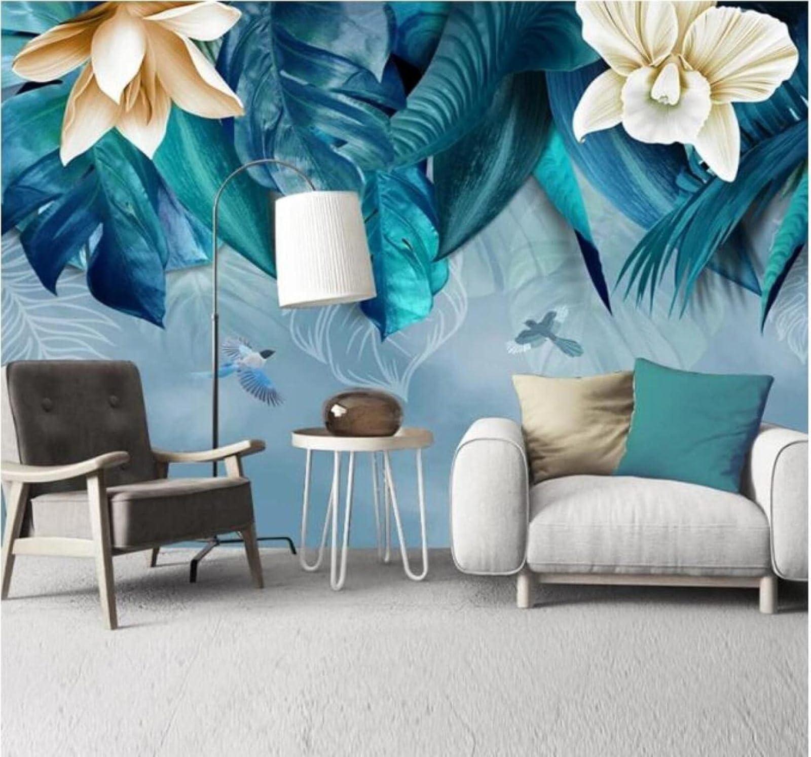XLMING Hand Drawn Blue Leaves Flowers Birds 3D Wallpaper Luxury Silk Study Dining Feature Sofa Grey Bedroom Living Room Tv Decorative Wall-250cm×170cm