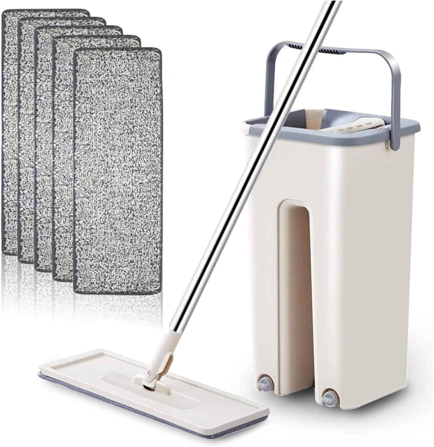 Flat Mop and Bucket, Hands Free Flat Floor Mop and Bucket with 5 Reusable Microfiber Mop Pads Suitable for All Floor Types