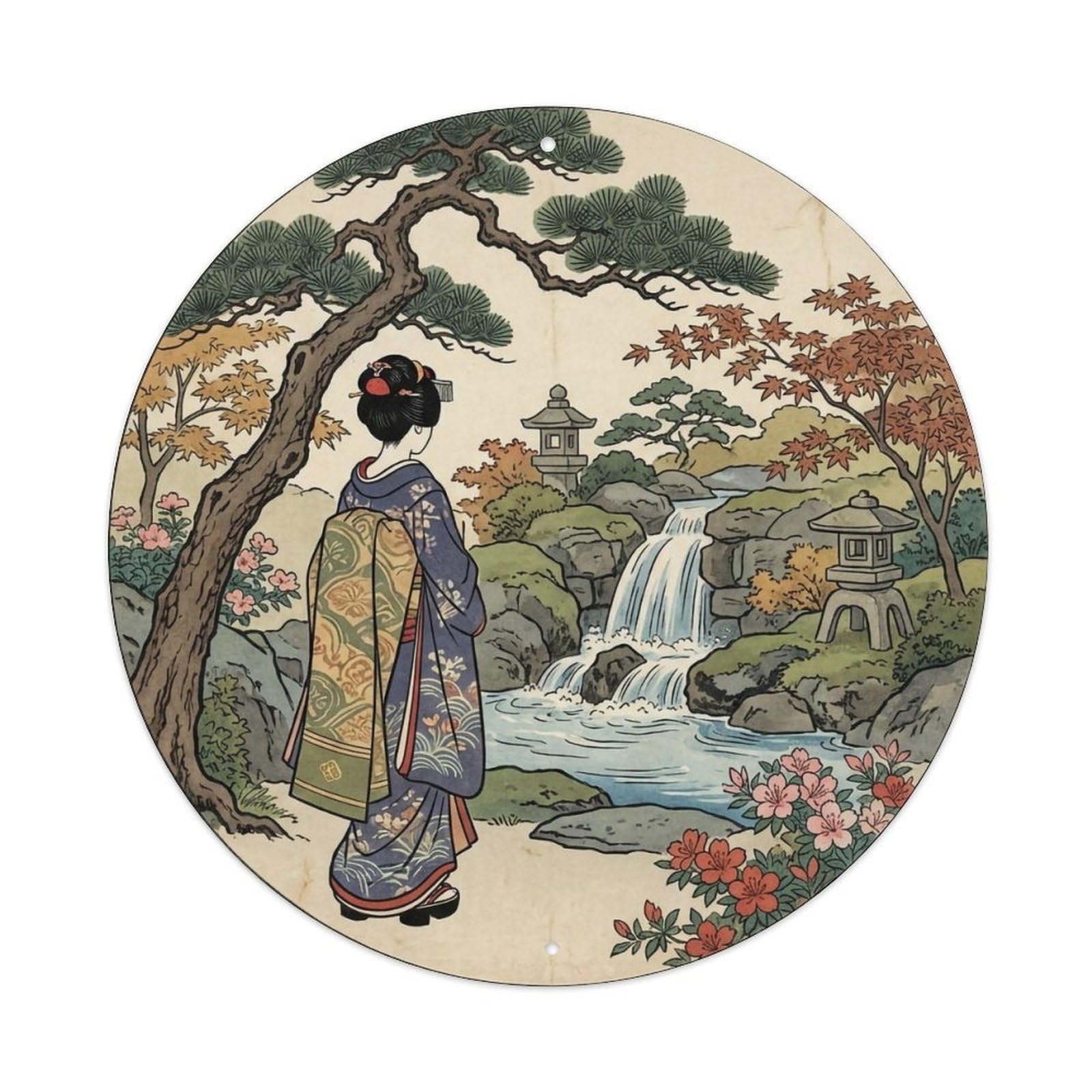 Yrnq 8X8inch Vintage Style Japanese Geisha Garden Waterfall Small Stream View Metal Tin Sign