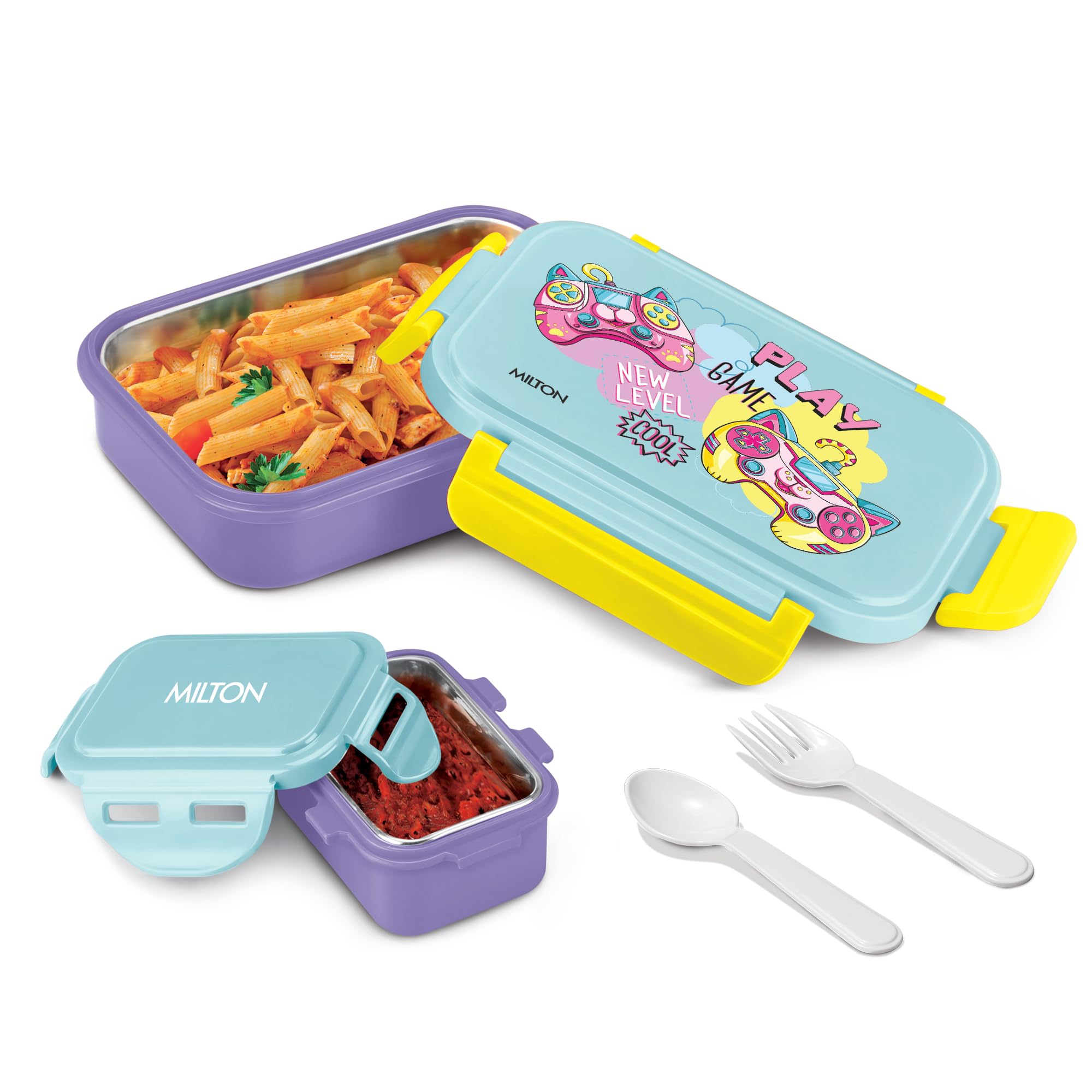 MILTON Candy Steel Tiffin Lunch Box for Kids with Inner Stainless Steel Container I Leak Proof Tiffin Box with Spoon & Fork | BPA-Free, Compact & Durable I for School, Picnic, 520 ml, Purple