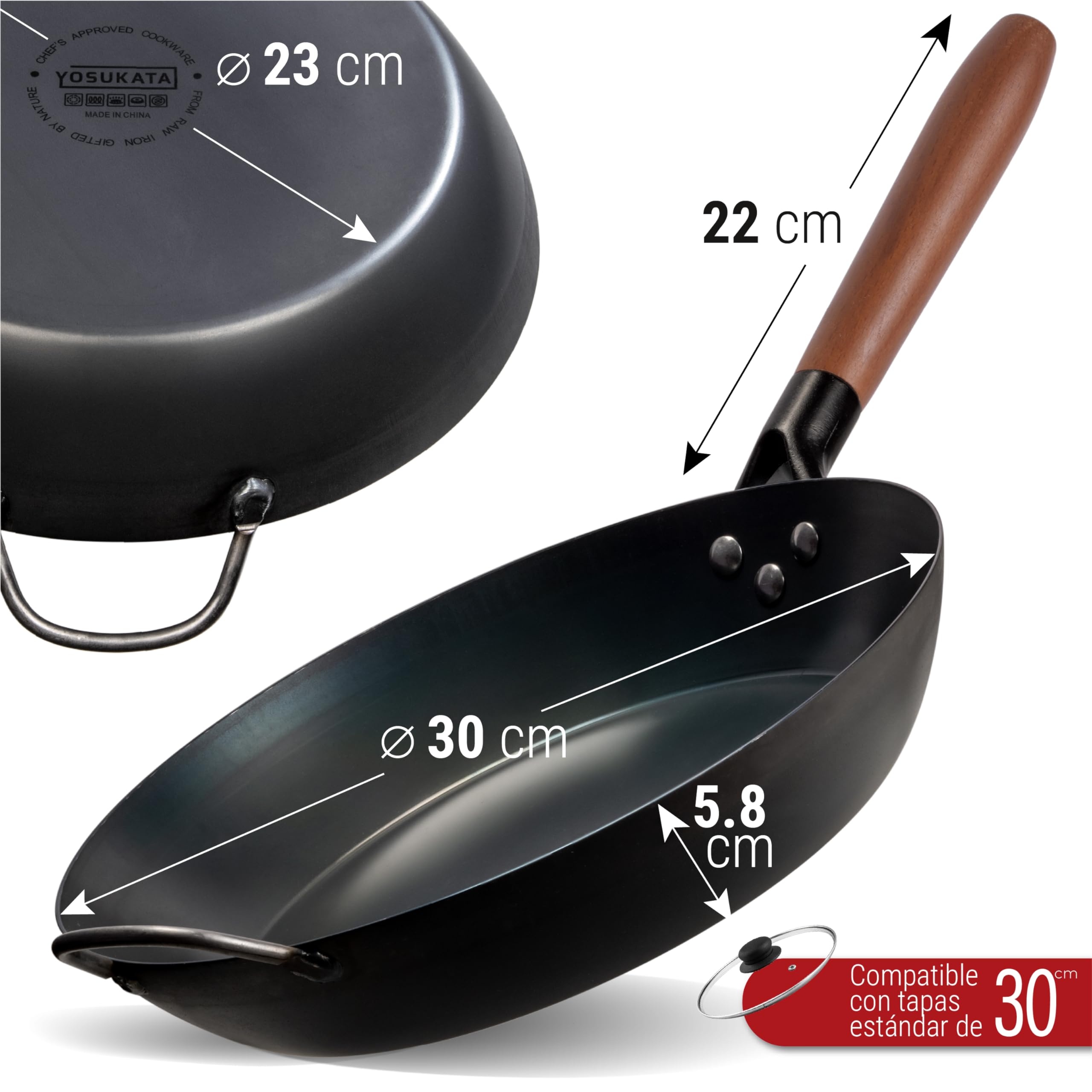YOSUKATA Sartén 30 cm de Acero al Carbono sin Revestimiento Antiadherente