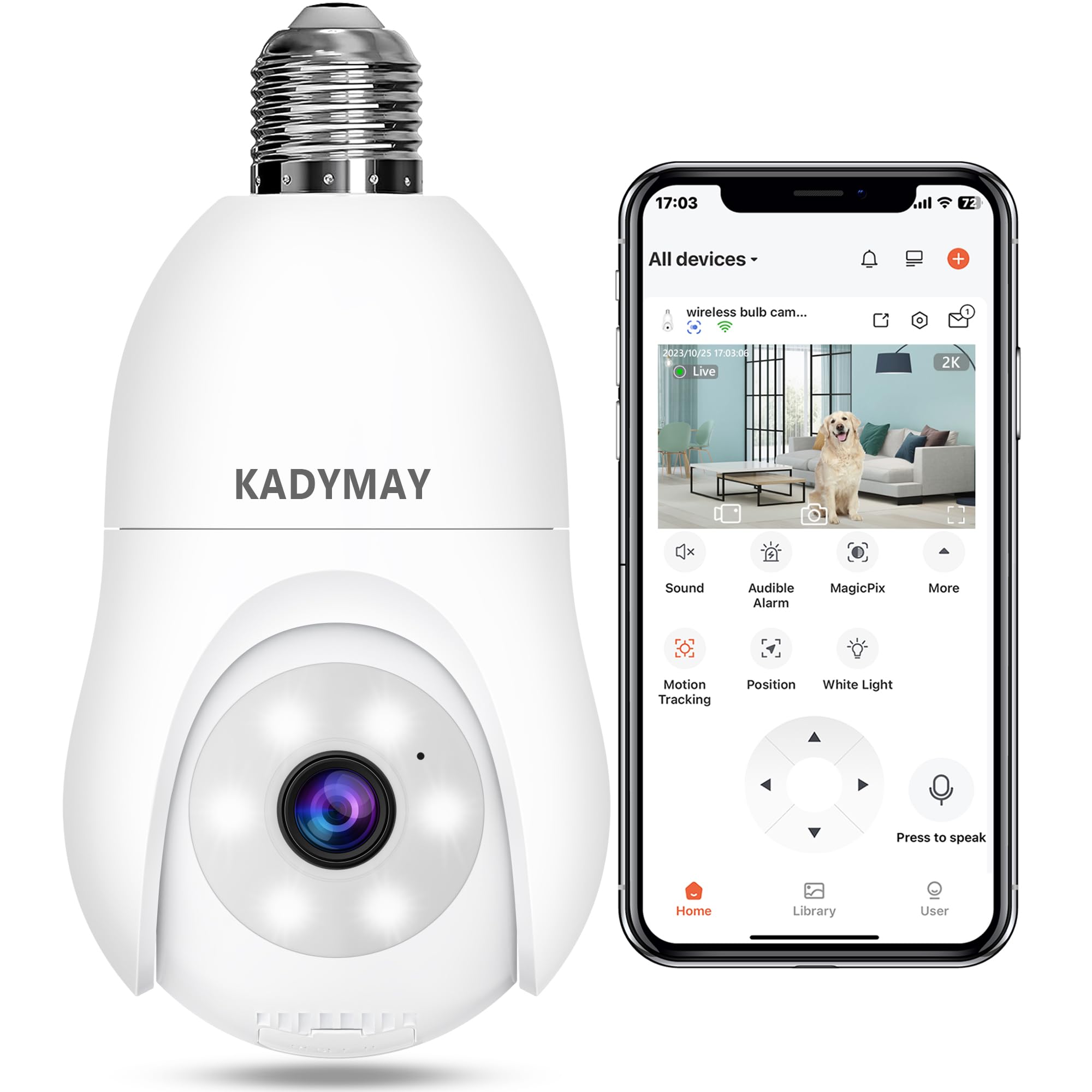 Kadymay Light Bulb Security Camera, 2K HD 2.4G WiFi 360° Screw in E27 Light Socket Camera Lightbulb Outdoor, Smart 2-Way Audio Light Bulb Camera with Motion Detection and Auto Tracking