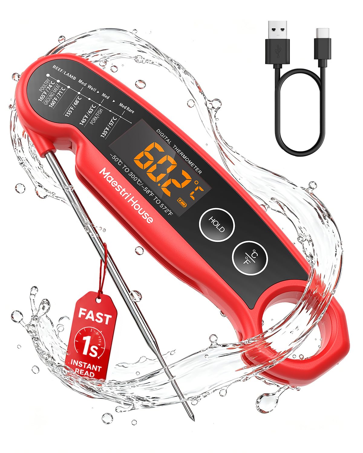 Maestri House Meat Thermometer-1s Rechargeable Food Thermometer for Cooking