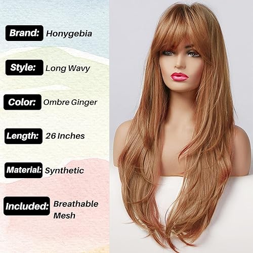 Miniatura 3 de Honygebia - Peluca rubia miel ombré, pelucas largas y rectas con flequillo para mujer, cabello castaño claro de raíces oscuras, pelucas sintéticas