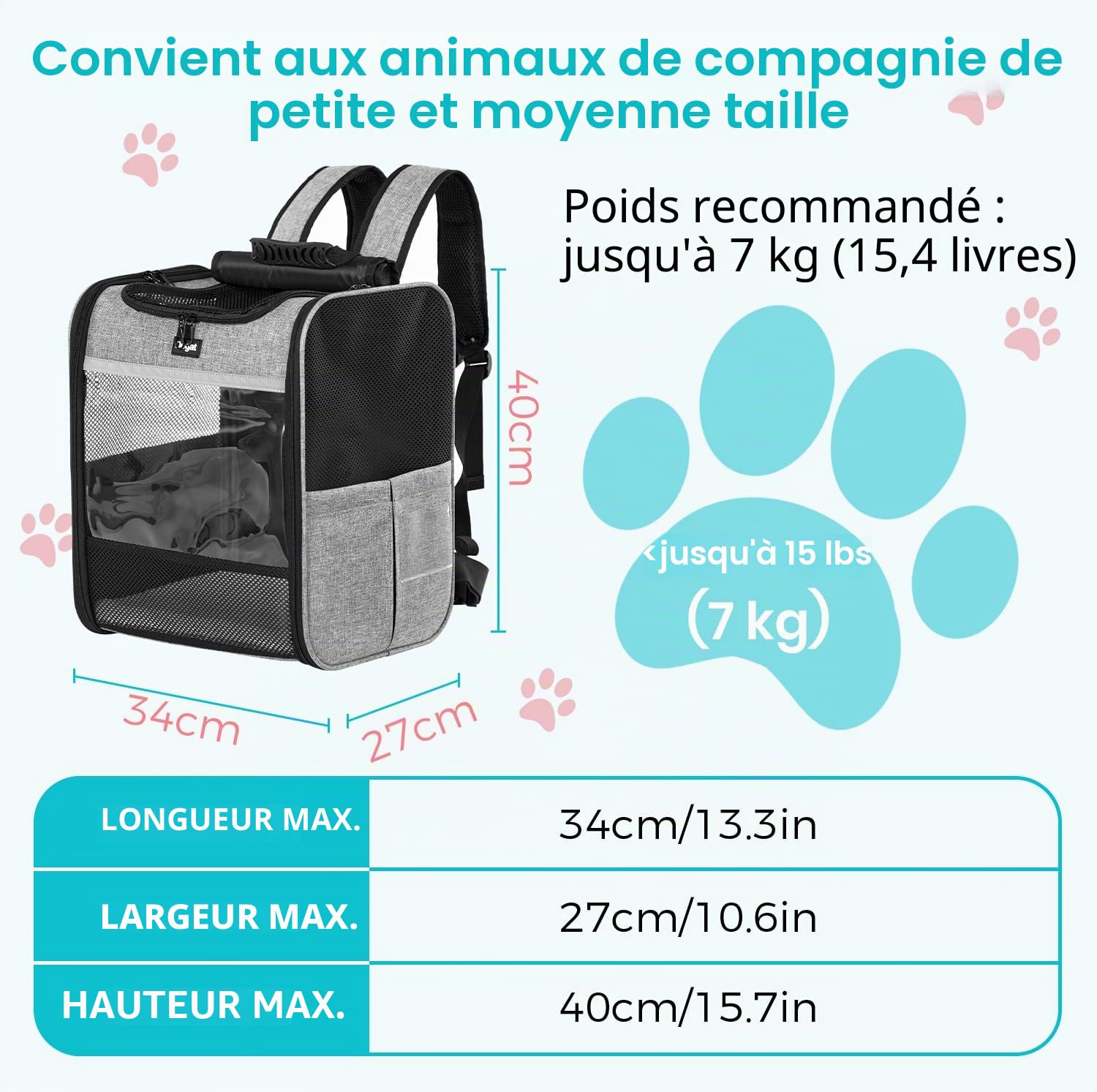 Sac à Dos de Transport pour Chat et Chiot, Sac à Dos de Transport, Camping, randonnée, Portable, Respirant pour Chats et Chiens de Taille Moyenne, Petite, Gris