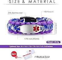 Vista 73 de Pulsera de alerta médica Paracord para hombres y mujeres Pulsera de identificación médica de acero inoxidable con hebillas de liberación lateral