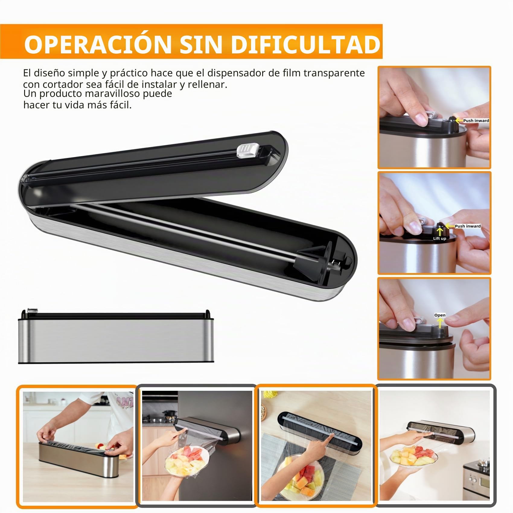 Dispensador Papel Aluminio y Film - Montaje Magnético & Pared sin Taladrar, Cortador Film Transparente, Corte Preciso, Organizador Cocina Profesional - 2 rollos de 100 m, Acero Inox Plata